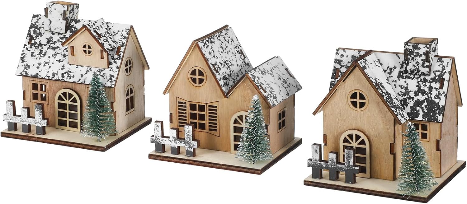UPKOCH 3 Pcs Christmas Mini Houses with Lights, Wooden Christmas Village