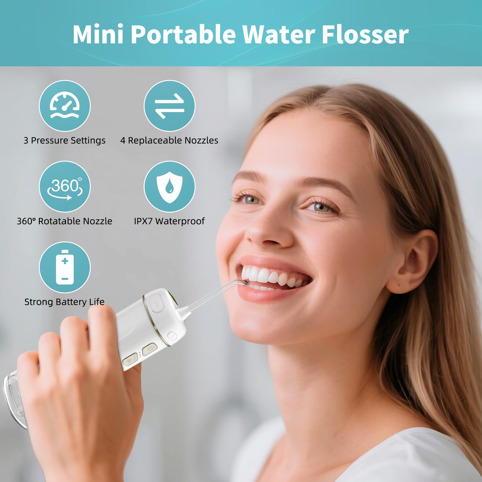 Hibbent Irrigador bucal portátil inalámbrico, mini irrigador oral con 3 modos y 4 puntas de chorro, IPX7, impermeable, recargable, para viajes, para el cuidado de frenos, dientes sensibles, ortodoncia