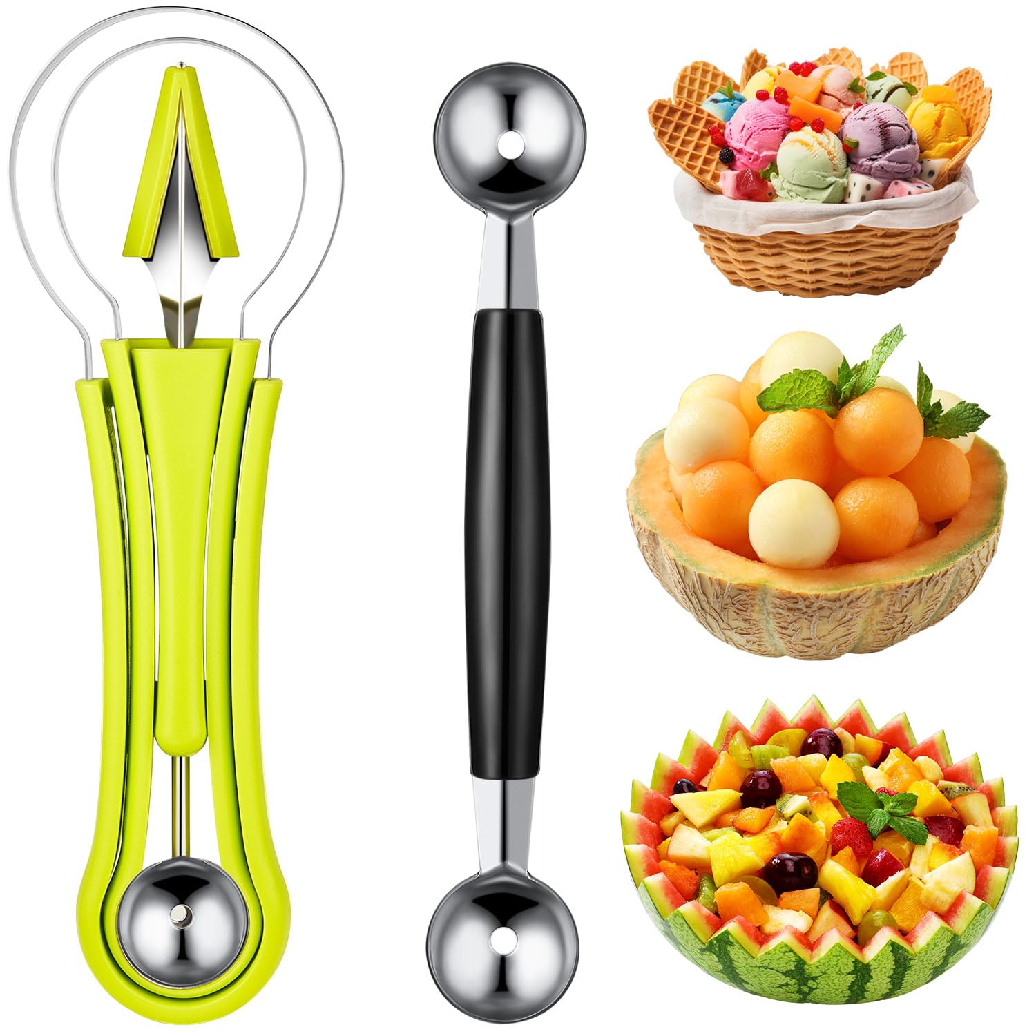 Patelai 2 Pieces Melon Baller Scoop Set, 4 in 1 Fruit Cutters Stainless Steel Watermelon Scooper and Ice Cream Baller for Dig Pulp Separator Fruit Slicer