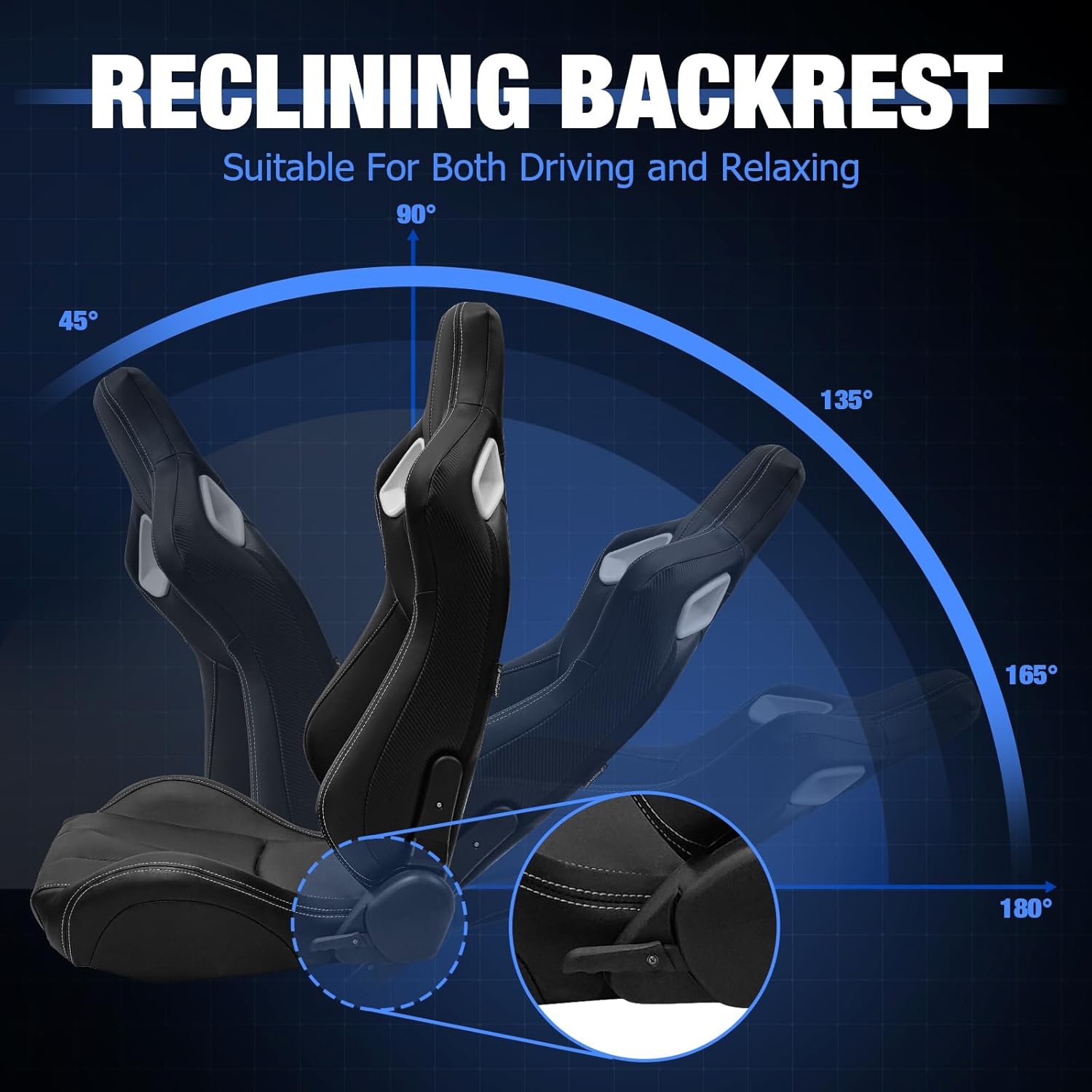 FREEMOTOR802 Racing Seats with Dual Lock Sliders, Universal For Most Cars Vehicles First Row, 1 Pair Reclinable Sport Bucket Seats, PU Carbon Fiber Look Leatherette, Black White Slots