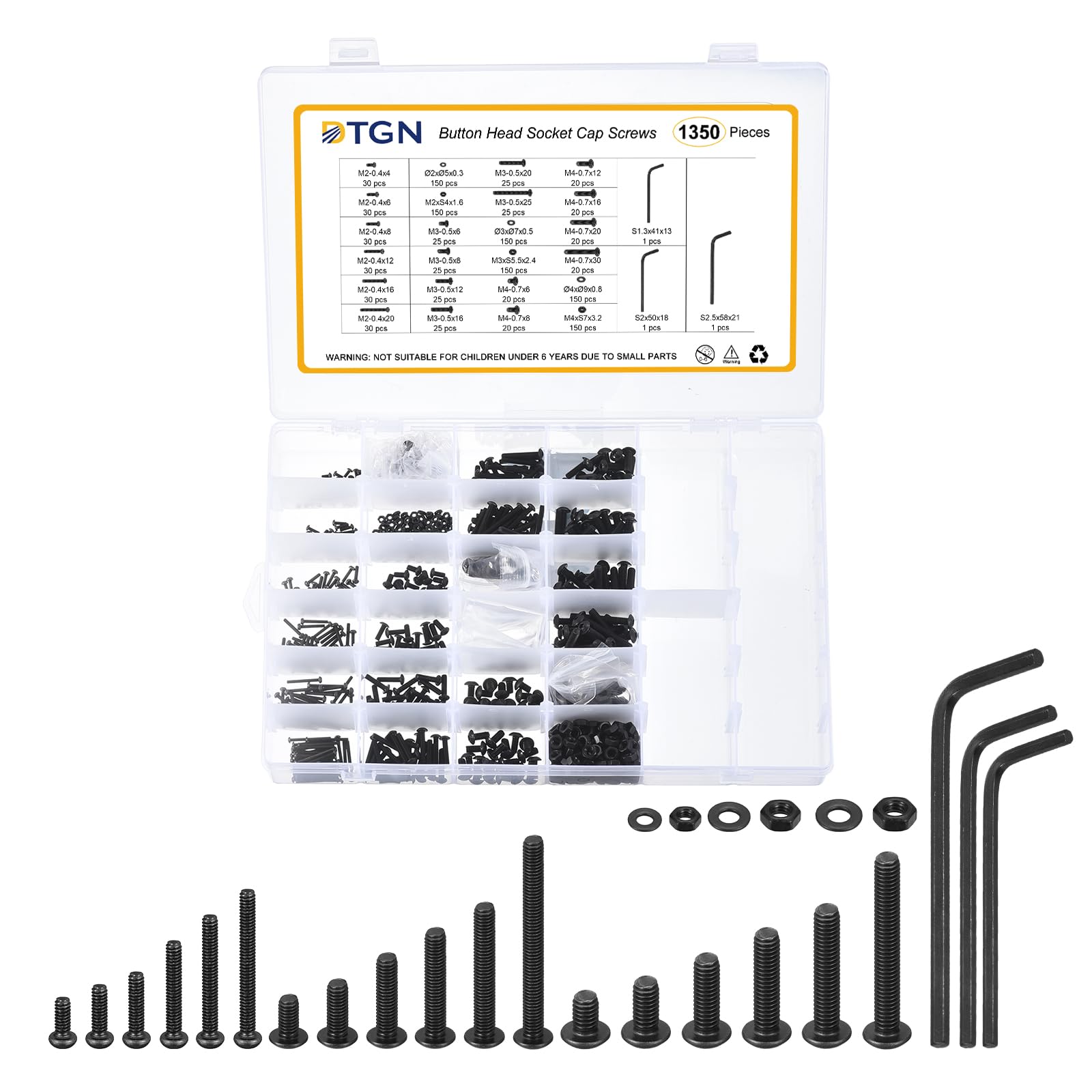 DTGN 1350Pcs M2 M3 M4 Button Head Socket Cap Screws, Carbon Steel Bolt Nut Set Washer Assortment Kit & Wrench