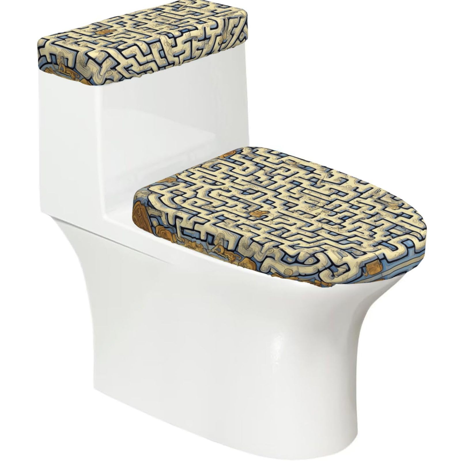 Cntdbu Black Labyrinth Treasure Map Elastic Toilet Cover Set Of 2-Stretchy Lid And Tank Covers For Bathroom, Soft Washable U Shape Toilet Decor