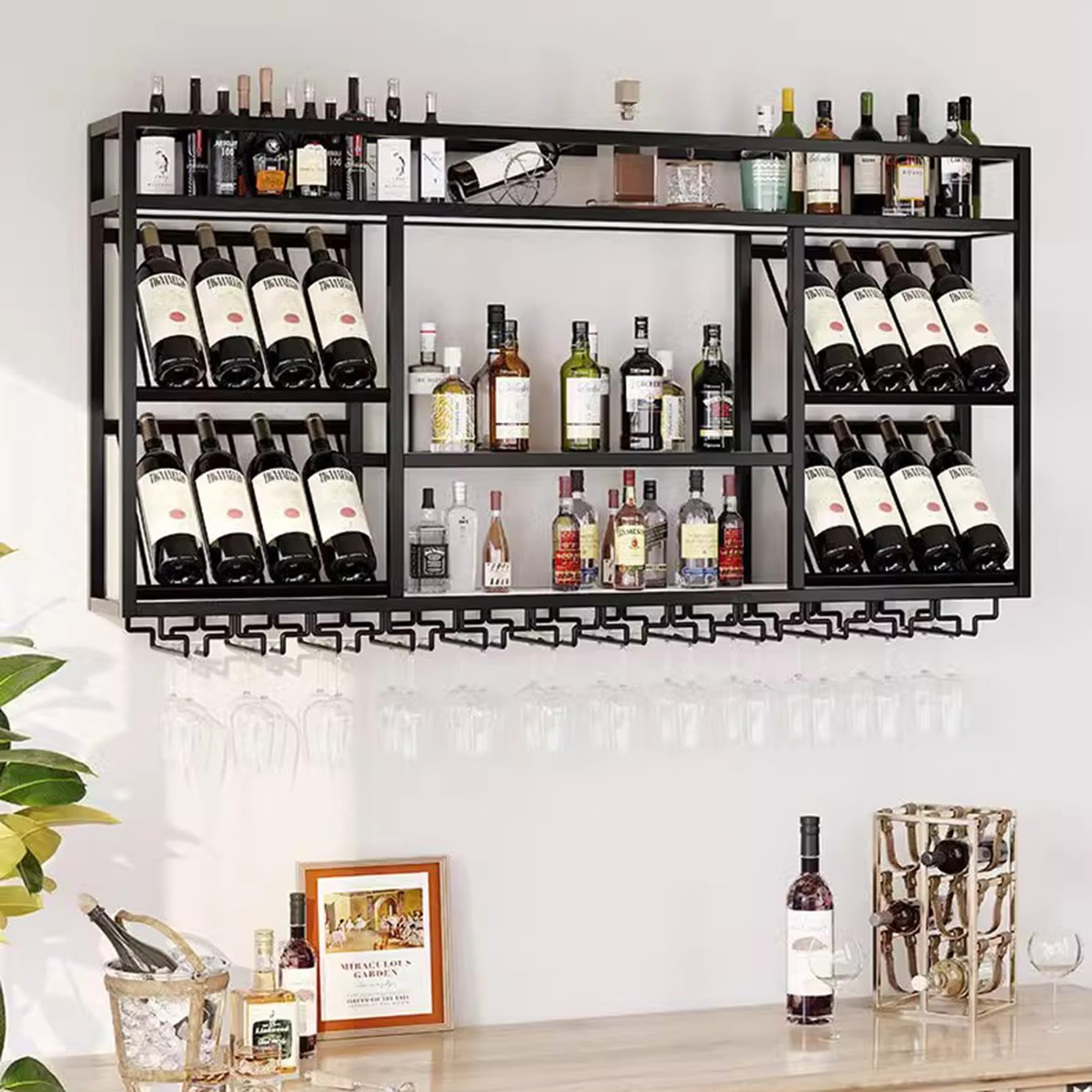Étagère à vin murale noire 120cm avec porte-verre flottant pour cuisine