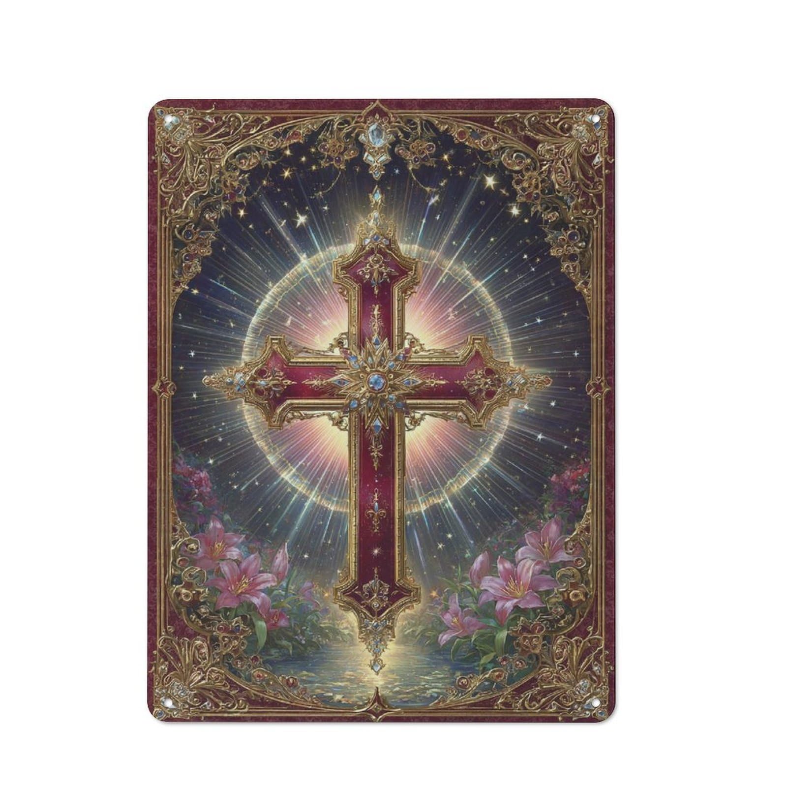 Junmoney Golden Cross With Floral Frame For Garden Room Or Summerhouse, Rustic Tin Sign 40X30cm, Wall Decor For Garden Rooms And Summerhouses
