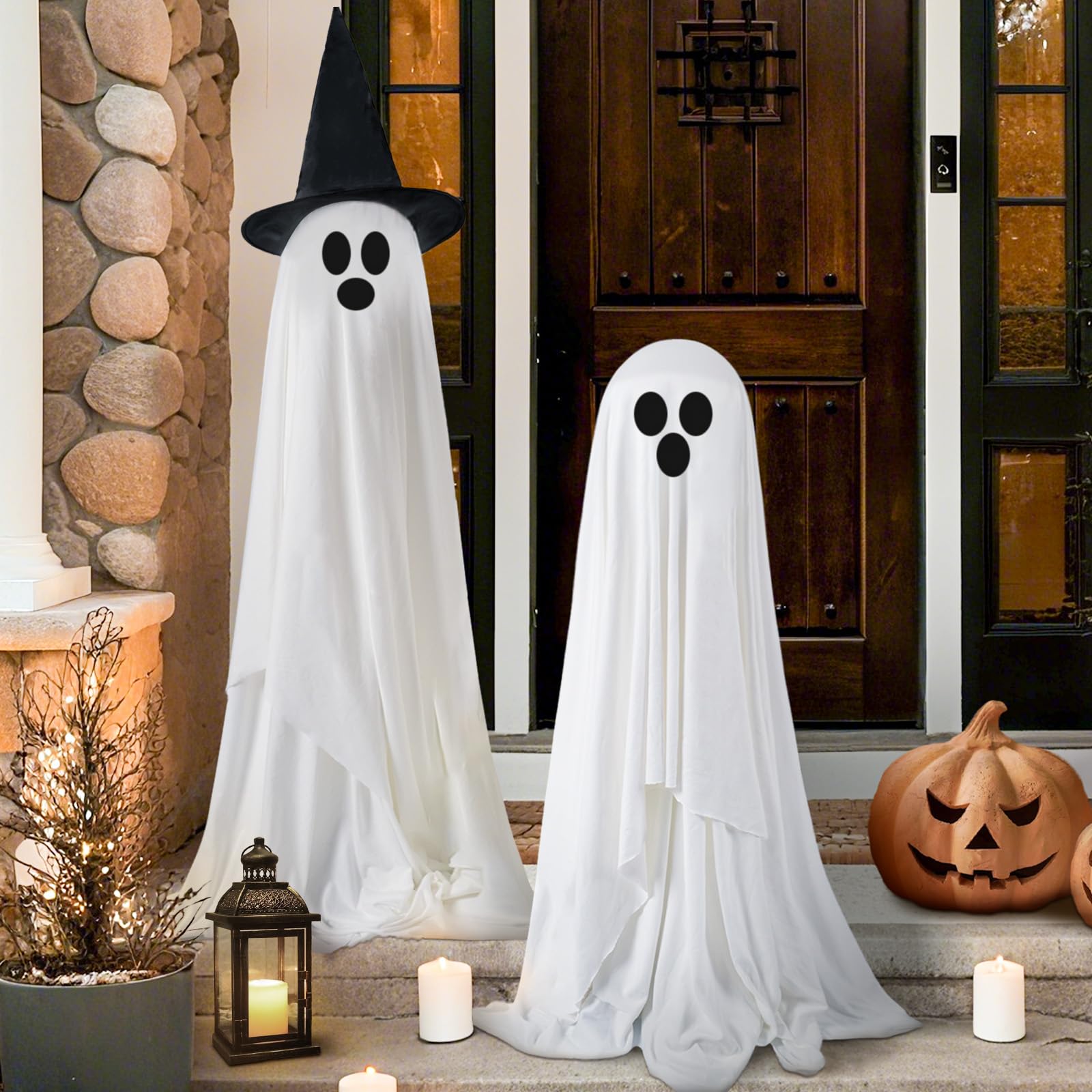 Dekoracje na Halloween – dekoracje halloweenowe na zewnątrz – 2 sztuki dużych świecących upiornych duchów z 8 trybami światła LED i 2 czapkami czarownic – straszne stojące duchy, dekoracja do domu, na