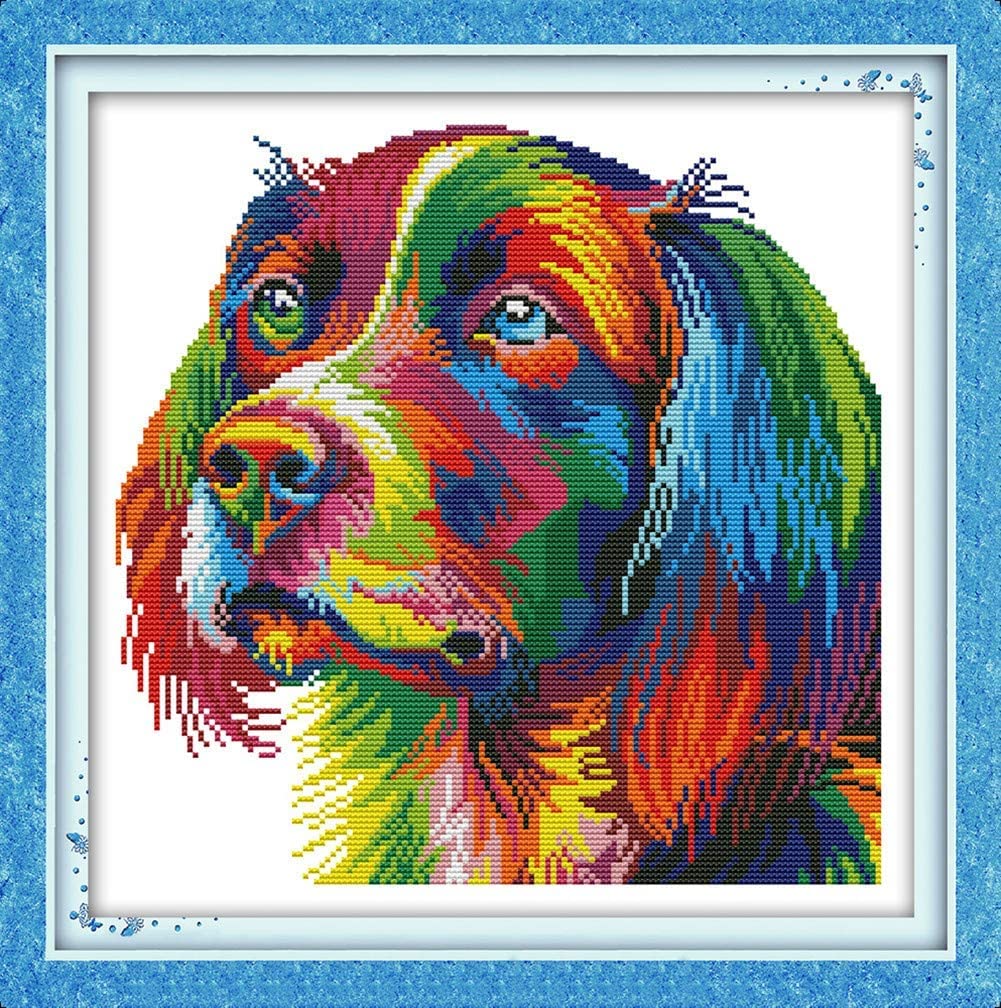 ABEUTY Cross Stitch Kits Rainbow Dog for Adults Pre Printed or NOT, DIY 14 Count Embroidery Sewing Starter Kit Stamped or Unstamped DMC Needlework Easy Beginners (Unstamped)