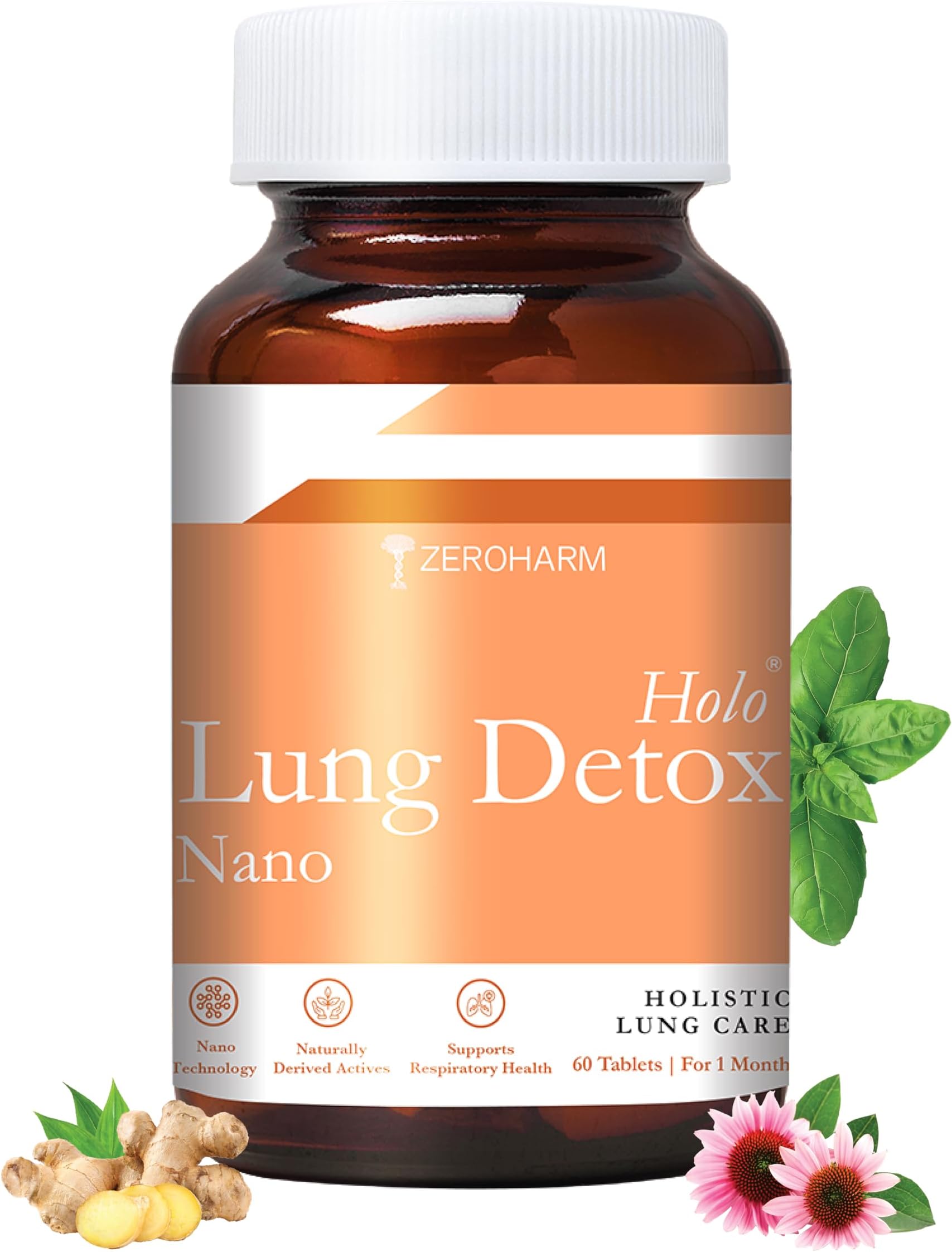 Holo Lung Detox Tablets - Ayurvedic Lung Cleanse for Pollution, Smoking & Respiratory Health - With Vasaka, Echinacea, Ginger, Basil, Mulethi - Nano Technology for Men & Women - 60 Tablets