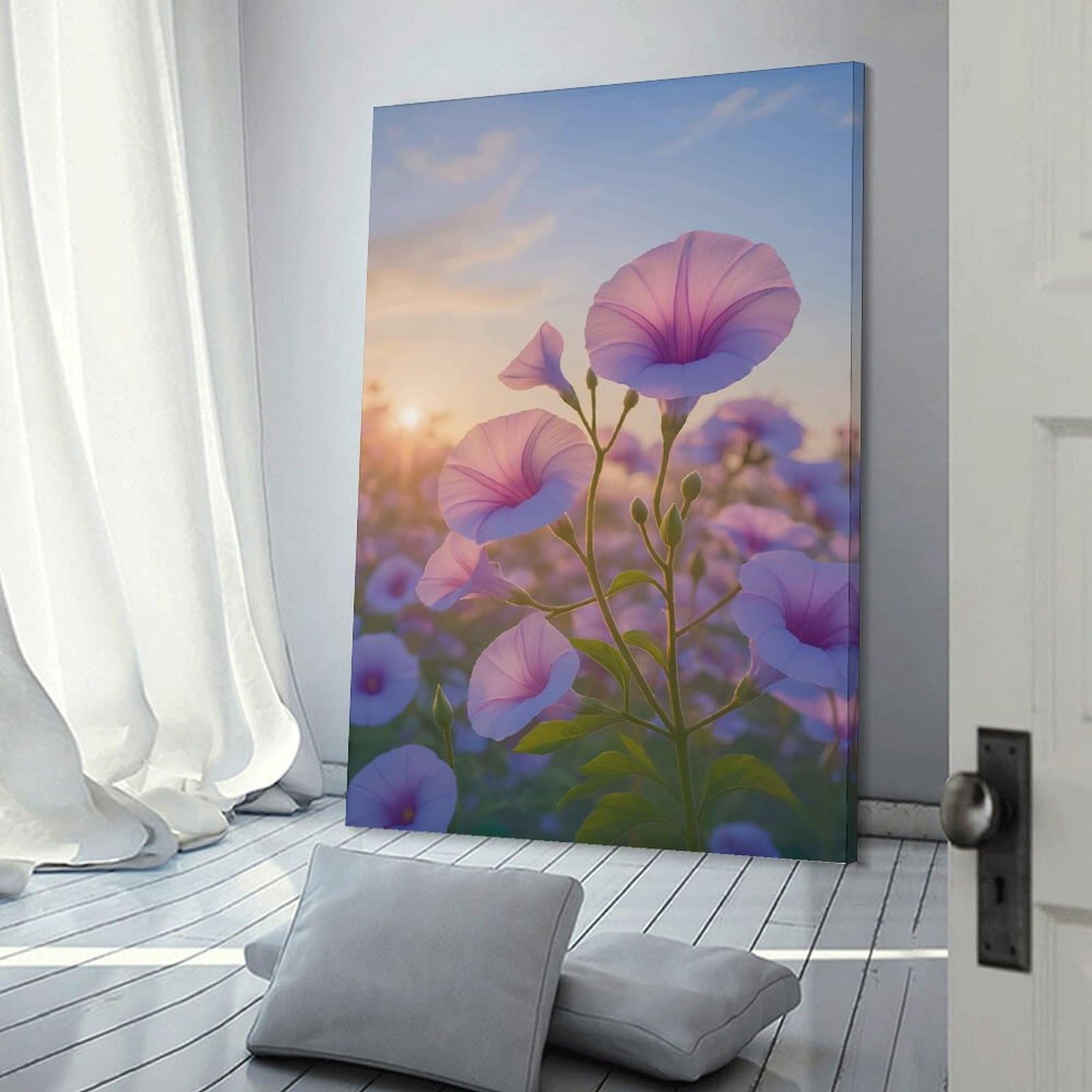 Junmoney Pink Morning Glories at Sunset Canvas Wall Decor 24x36inch(60x90cm), for Home Lounge, Bedroom Or Reading Nook, A Home Accent with Warm Character