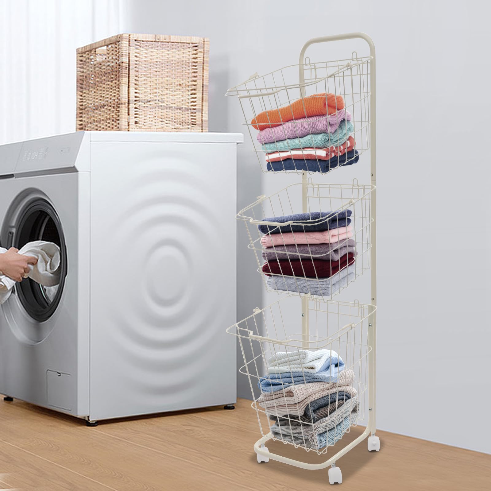 WooDerson Cesto portabiancheria su ruote, carrello portaoggetti a 3 livelli, pieghevole, grande cesto portabiancheria in metallo, multifunzione, per bagno, lavanderia, cucina, 26 x 32 x 123 cm (bianco