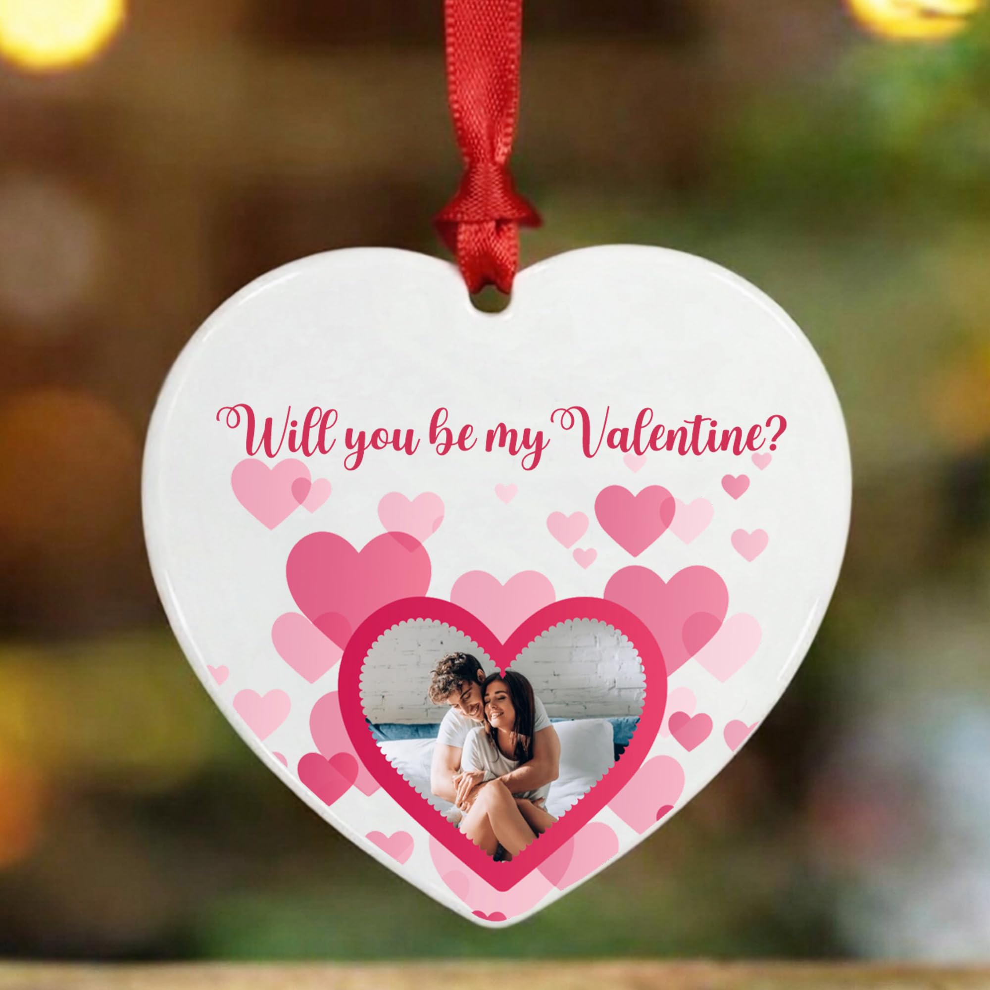 Kreatesquare Pink Personalised Valentine’s Day Photo Bauble – Custom Heart Ornament With Name – Romantic Couple Gift, Our First Valentine Keepsake, Hanging Ceramic Decoration For Him Her (Design-1, Heart)
