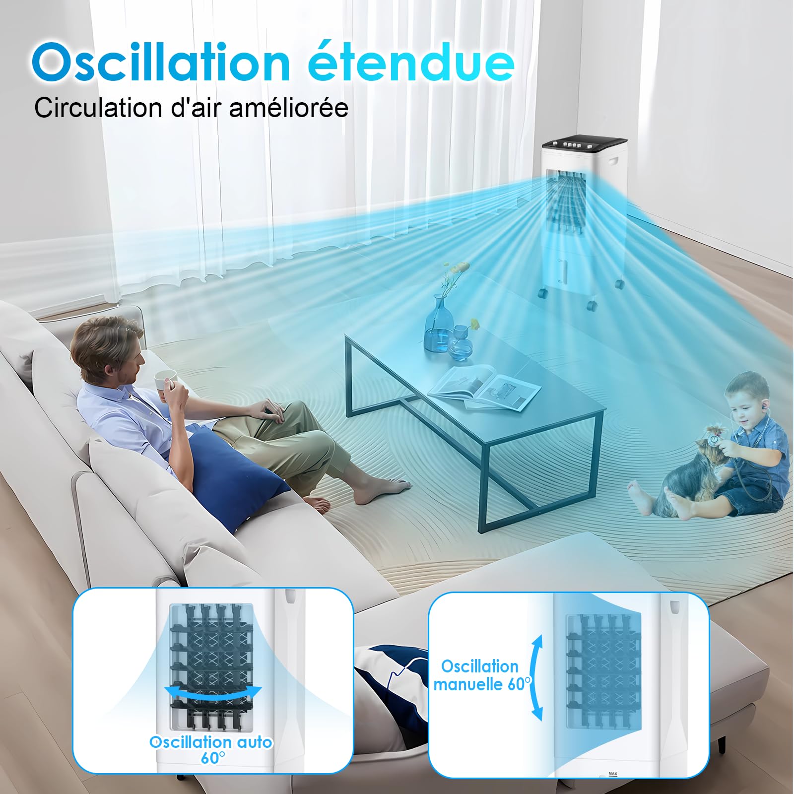 Climatiseur Mobile 3-en-1 Rafraîchisseur d’Air, Réservoir 6L, 3 Blocs Réfrigérants, 60W Économie d’Énergie, 35dB Silencieux, Oscillation 60°, 3 Vitesses, Humidificateur, Ventilateur, Maison, Bureau
