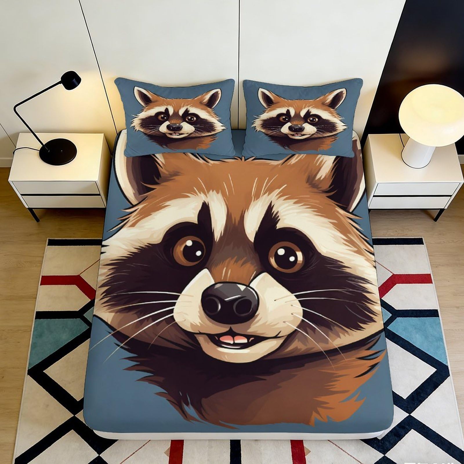 3D Printed Cartoon Raccoon Fitted Sheet Microfiber Soft Blue Animal Mattress Cover Bedroom Dorm Décor Washable 120x200x25cm
