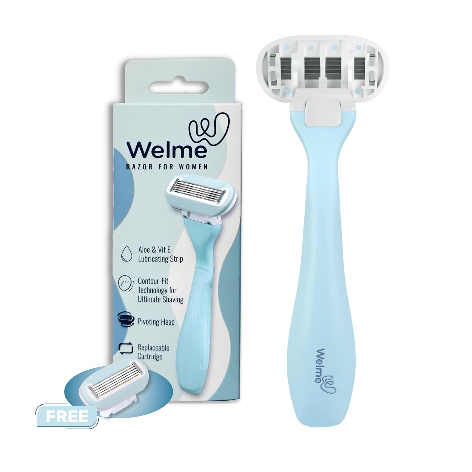 Welme Hair Removal 5 Sweden Steel Blade Razor for Women with Aloe & Vit E Lubricating Strip | Best Reusable Razor for Shaving Private Parts, Face & Pubic Area | Pivoting Head | 1 Extra Cartridge | Contour–fit Technology for Ultimate Shaving | No Bumps, No Cuts | Ideal for All Skin Types (Blue)