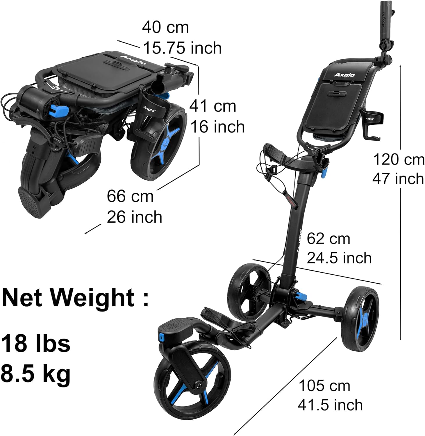 V3 Golf Push Cart 3-Wheel - 360° Swivel Front Wheel - Lightweight & Aluminum Golf Bag Cart - Compact for Easy Storage - Hand Brake System, Large Storage Console - Cup & Umbrella Holder