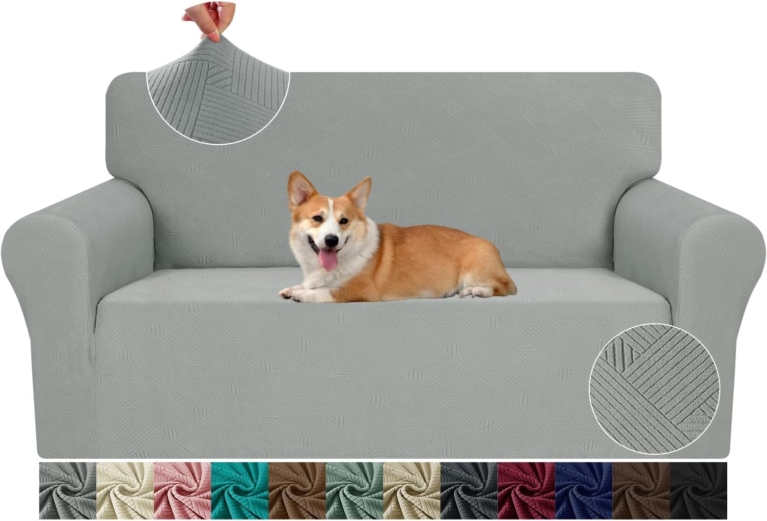 JIVINER Loveseat Slipcovers, 1 Piece Stretch Couch Covers for 2 Cushion Furniture Protector with Elastic Bottom for Kids Pets Jacquard 2 Seater Sofa Cover (Loveseat, Light Grey)Global Recycled StandardGlobal Recycled StandardGlobal Recycled Standard