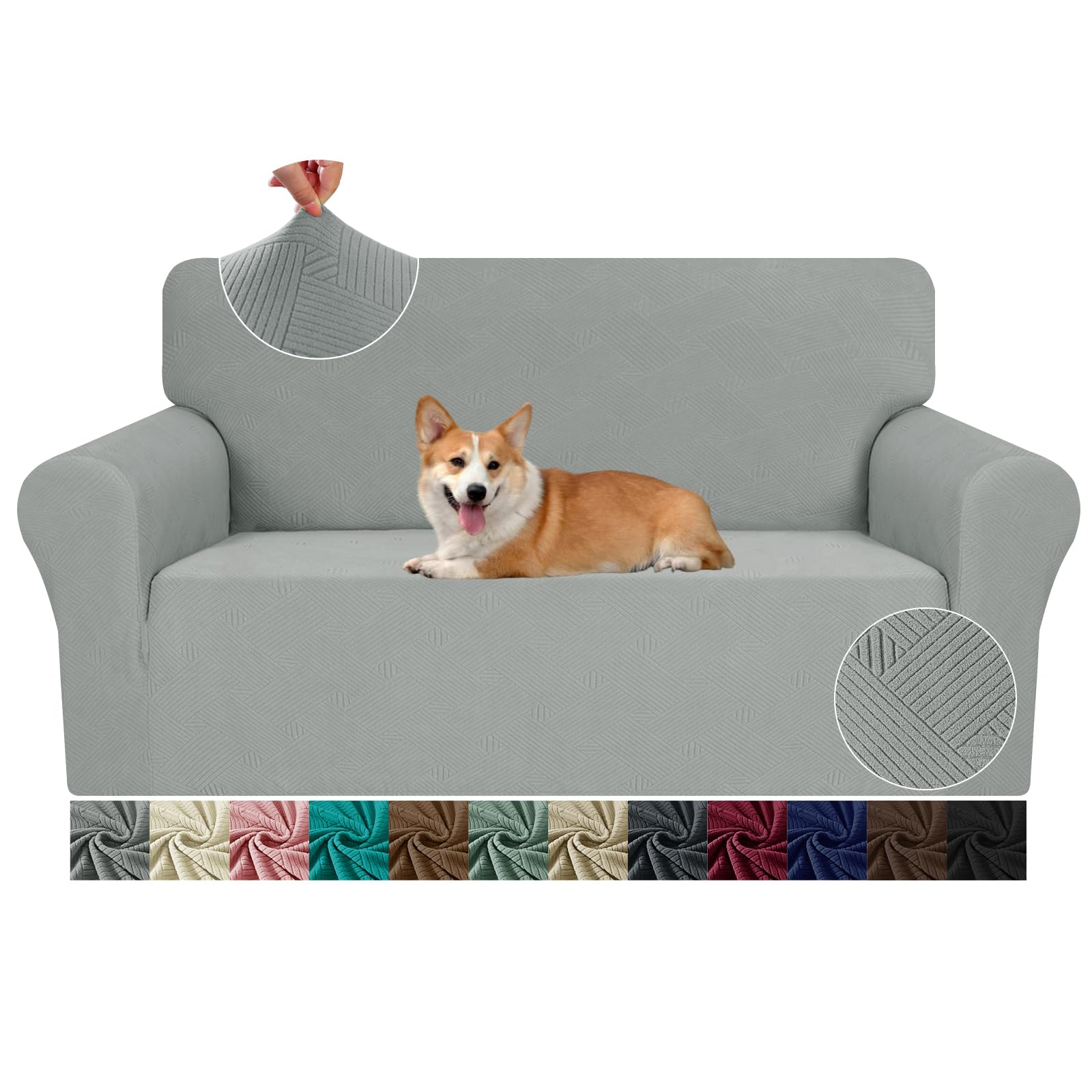 JIVINER Loveseat Slipcovers, 1 Piece Stretch Couch Covers for 2 Cushion Furniture Protector with Elastic Bottom for Kids Pets Jacquard 2 Seater Sofa Cover (Loveseat, Light Grey)Global Recycled StandardGlobal Recycled StandardGlobal Recycled Standard