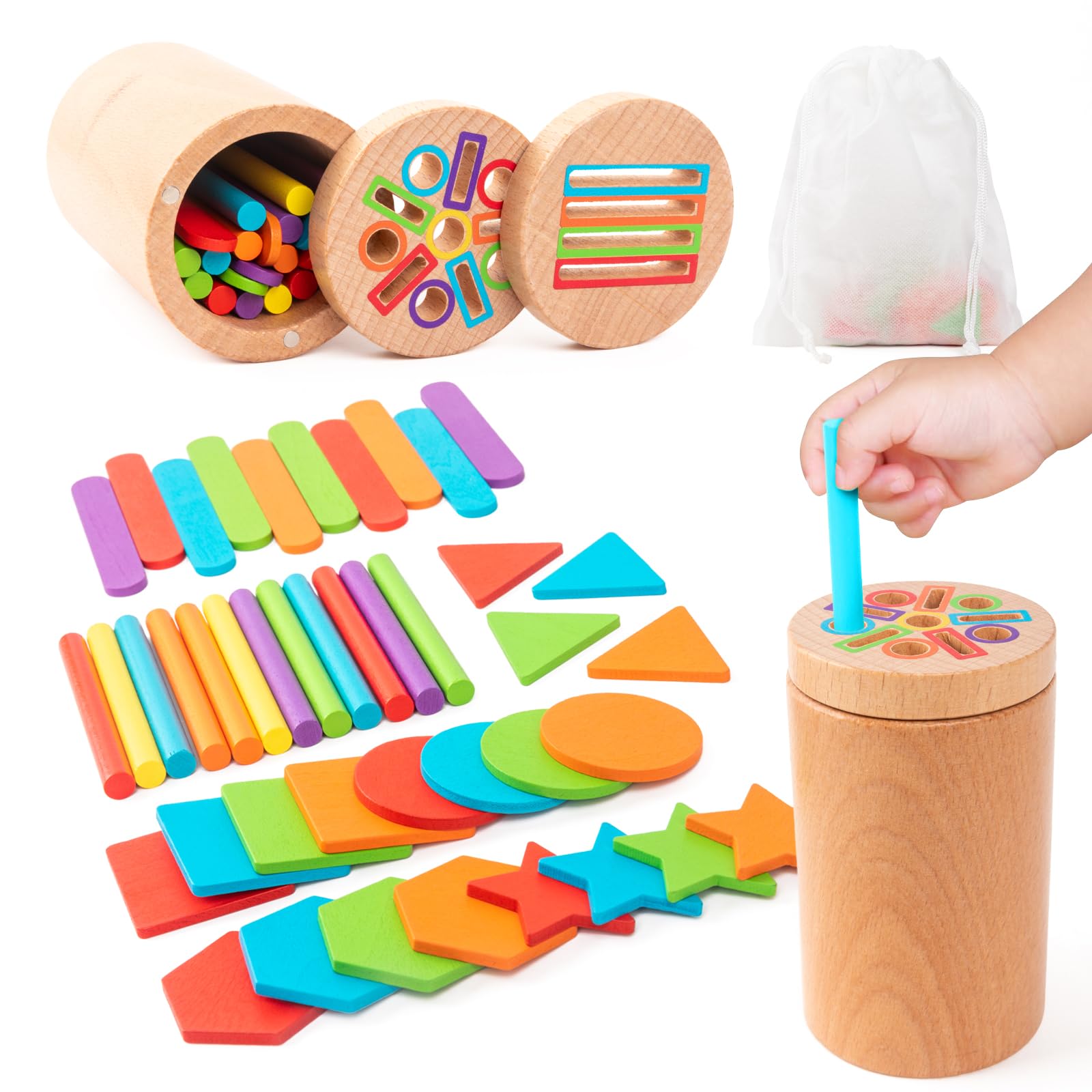 Montessori Wooden Toddler Toys， 3-in-1 Fine Motor Skills Learning Set ，Educational Color Sorting Sensory Toys for 3+ Year ， Teaches Object Permanence & Cause-Effect ，Gifts for Boys & Girls