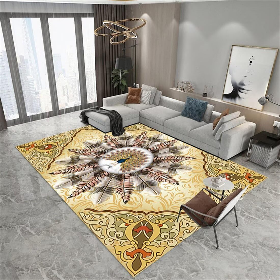 Tapis salon lavable motif plumes avec bordure jaune style decoration chambre