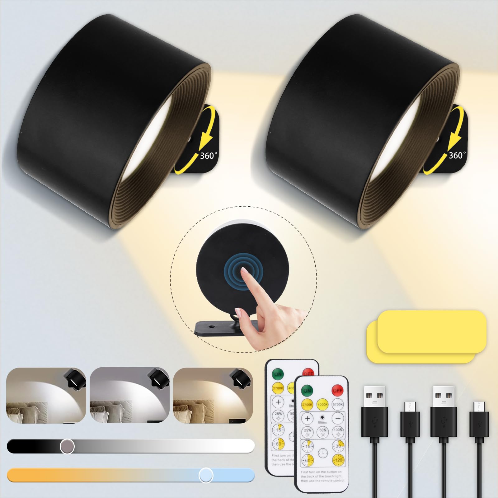 UCAMP Luz de Pared Interior, 2pcs Lámpara LED, Aplique 3 Colores y 3 Niveles de Brillo, 360° Giratorio de Control Táctil