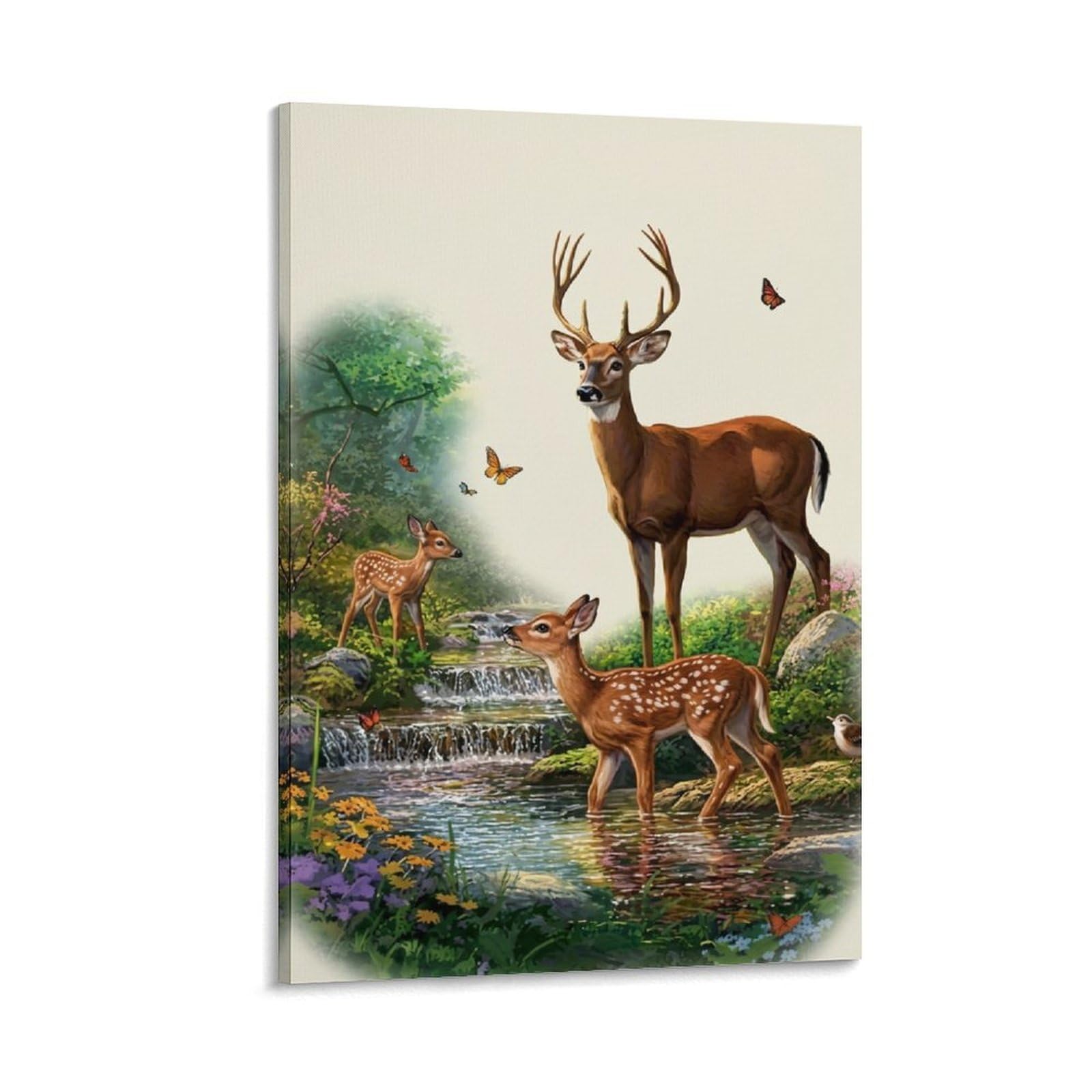 DHBANEIOK Deer Family in Forest Poster Artwork Canvas Prints Picture Modern Wall Art Picture Wall Hanging for Bedroom Living Room Decor 20x30inch(50x75cm)