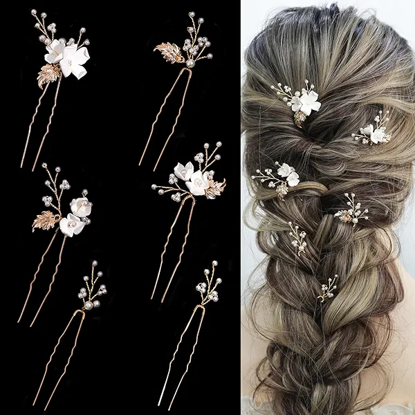 SELFCLOUD Handmade Pearl Bridal Wedding Hair Pins 6Pcs White Flower Gold Leaf Pearls Clips Bridal Hair Accessories for Women Brides Bridesmaid