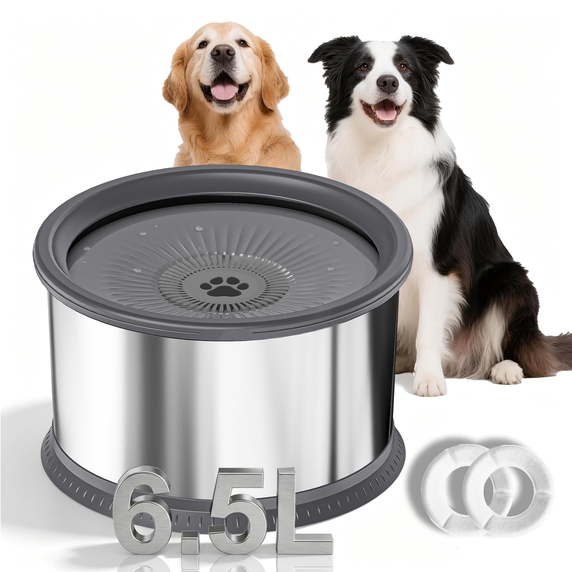 Bebedero para Perros 6,5L Sin Desbordes, Bebedero Antisalpicaduras de Acero Inoxidable, Cuenco de Beber Lento Antigoteo con Base Antideslizante para Bebedores Desordenados (Gris)