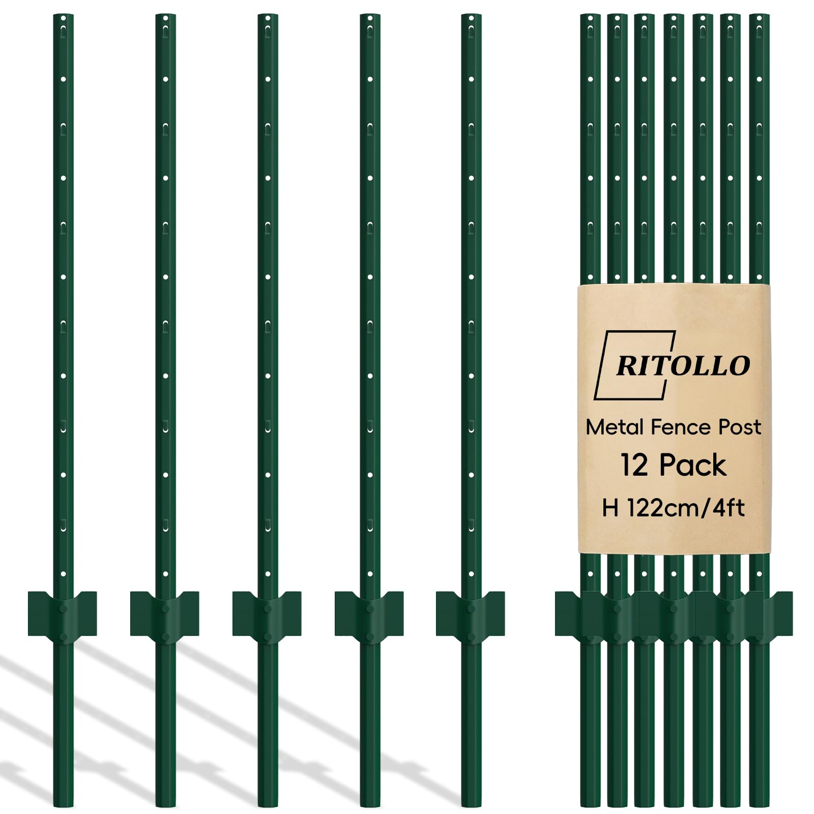 12 Pack Metal Fence Posts 122cm/4ft, Heavy-Duty Steel Garden U-Posts - No Digging Outdoor Fencing Poles for Yard Wire Fencing Projects (12, 122cm)