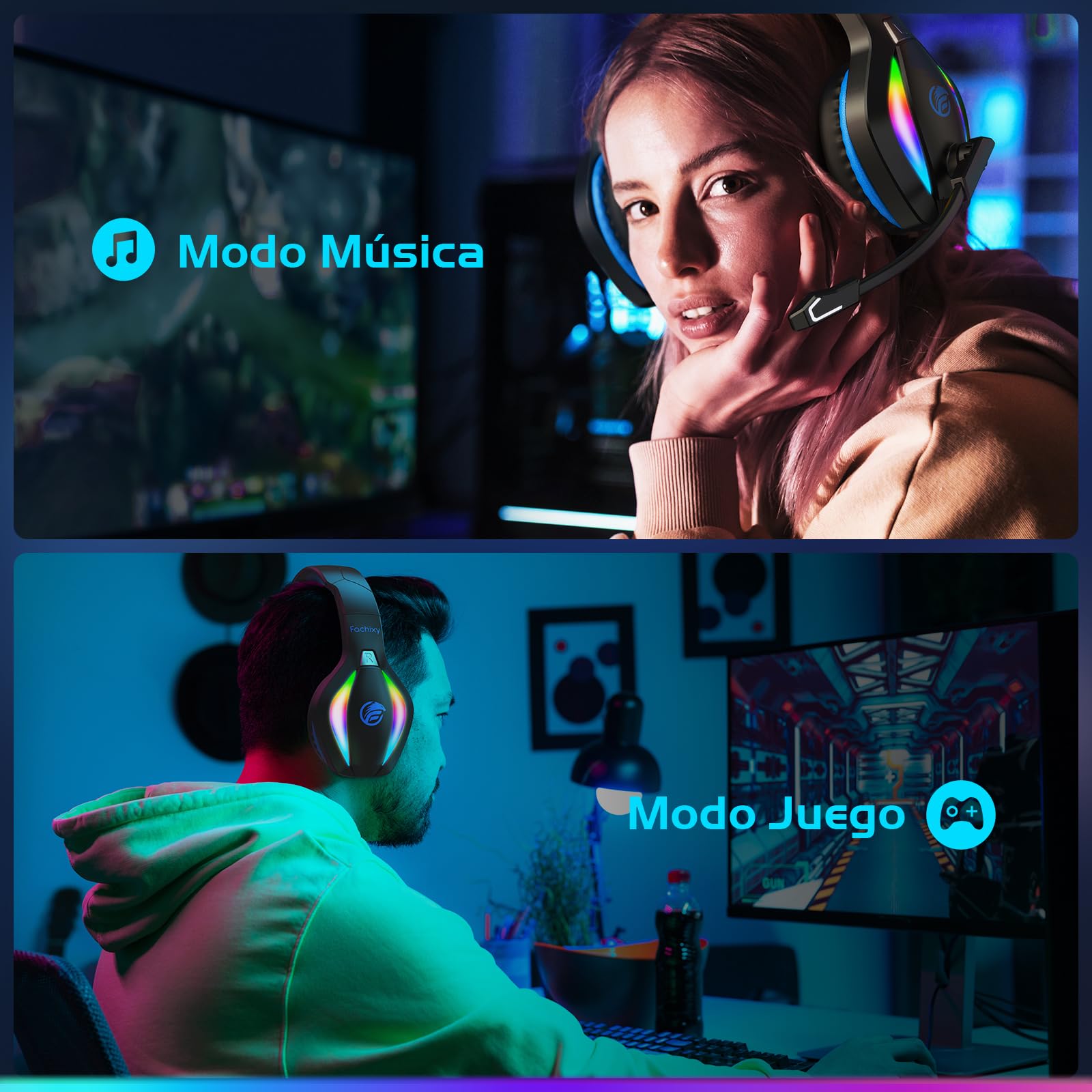 Fachixy「2025 Nuevo」FC100 Cascos Gaming Inalámbricos para PC, PS5, PS4, Auriculares Gaming Inalámbricos de 2,4GHz Wireless+Bluetooth - Baja Latencia, Duración 40Hr+, Luces RGB (Azul-Negro)