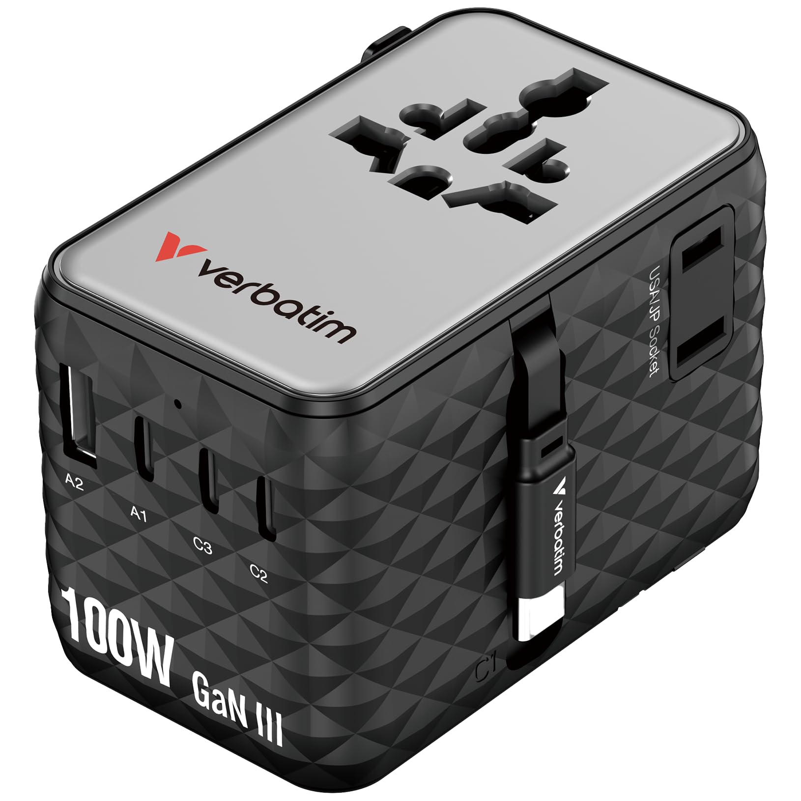 Verbatim GaN adapter podróżny 100 W, czarny, adapter do gniazdka z wbudowanym kablem i 2 x USB-C, 2 x USB-A, 2 x złącze USA/JP, uniwersalna ładowarka do laptopa, smartfona itp., do zastosowania na
