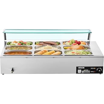VEVOR Commercial Food Warmer 9 x 1/3 Size Containers 1.5kW Electric Stainless Steel Heat Container with Glass Cover & Soup Ladle Chafing Dishes for Catering Restaurant Party