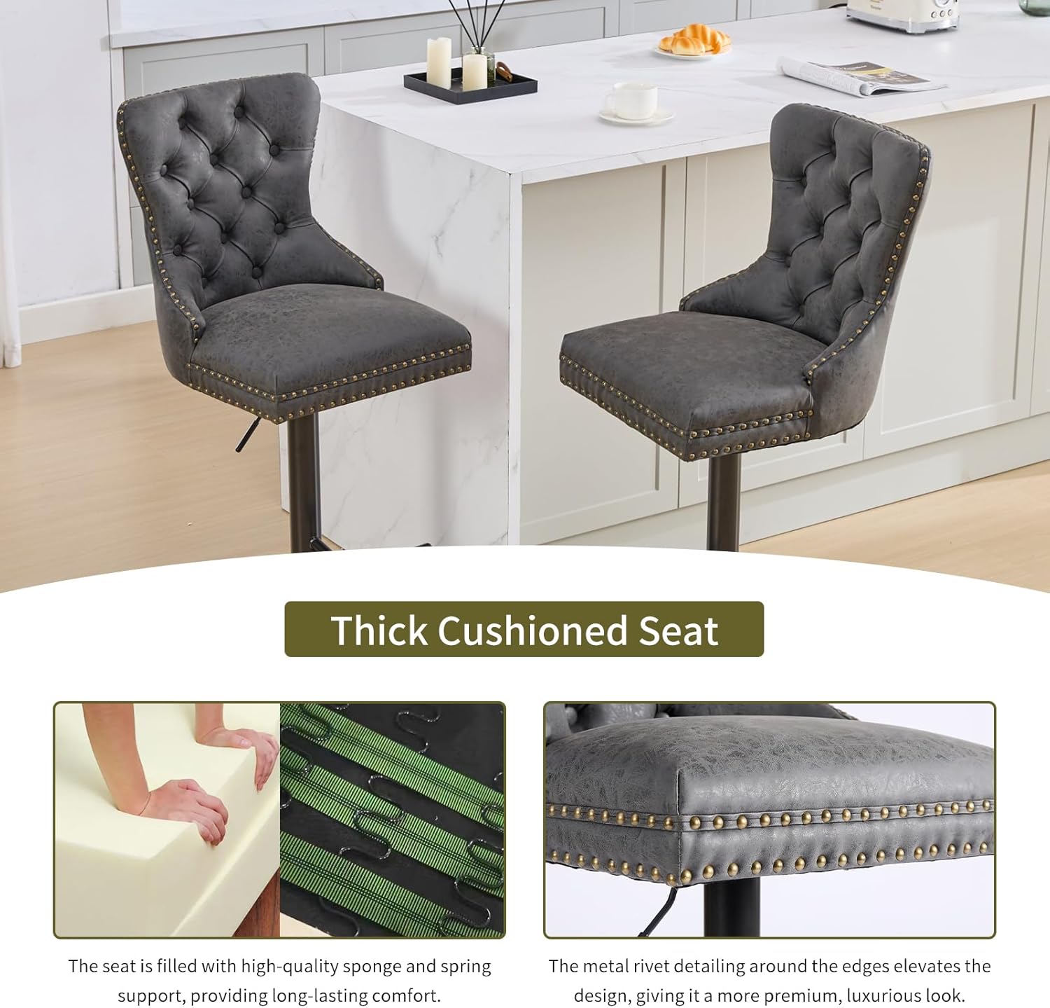 Adjustable PU Leather Bar Stools with Button-Tufted Back and Nailhead Trim, Swivel Counter Height Bar Chair for Home Pub or Kitchen Island, Easy Assembly, Black, Set of 4