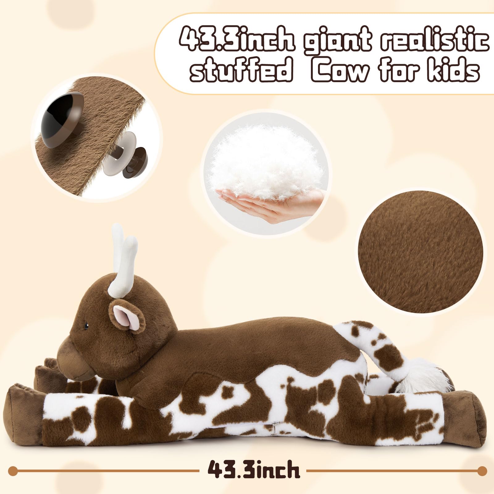 KERTA 43.3 Giant Longhorn Cow Stuffed Animal, Hugging Fluffy Stuffed Cow Plush Body Pillow, Realistic Large Texas Longhorn Bull Farm Plush Toy for Boys Girls 5