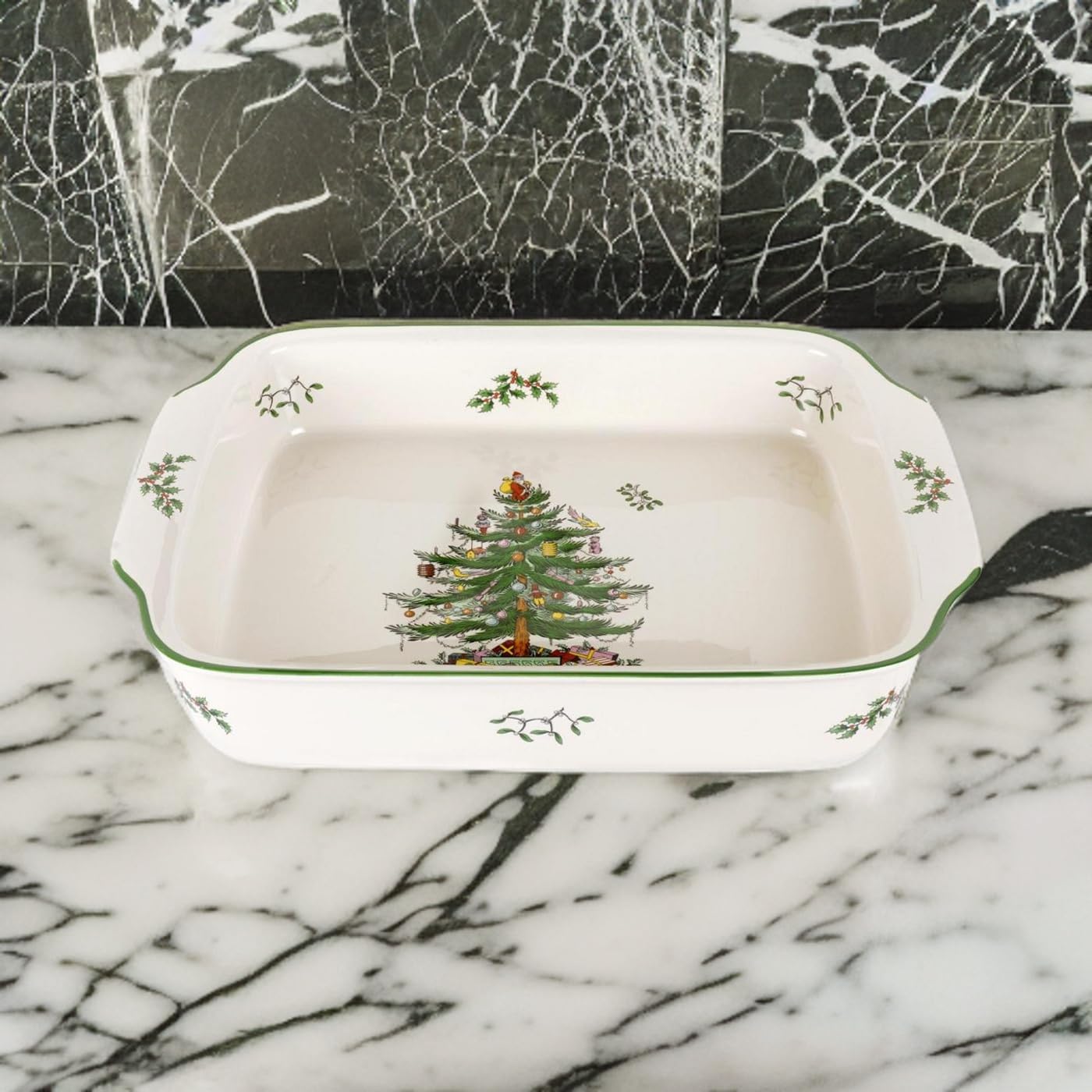 Spode Christmas Tree Large Rectangular Handled Dish, Deep Baking Pan (15" x 11") - Dishwasher Safe, Festive Tableware for Holiday Entertaining, Christmas Serveware & Seasonal Platters