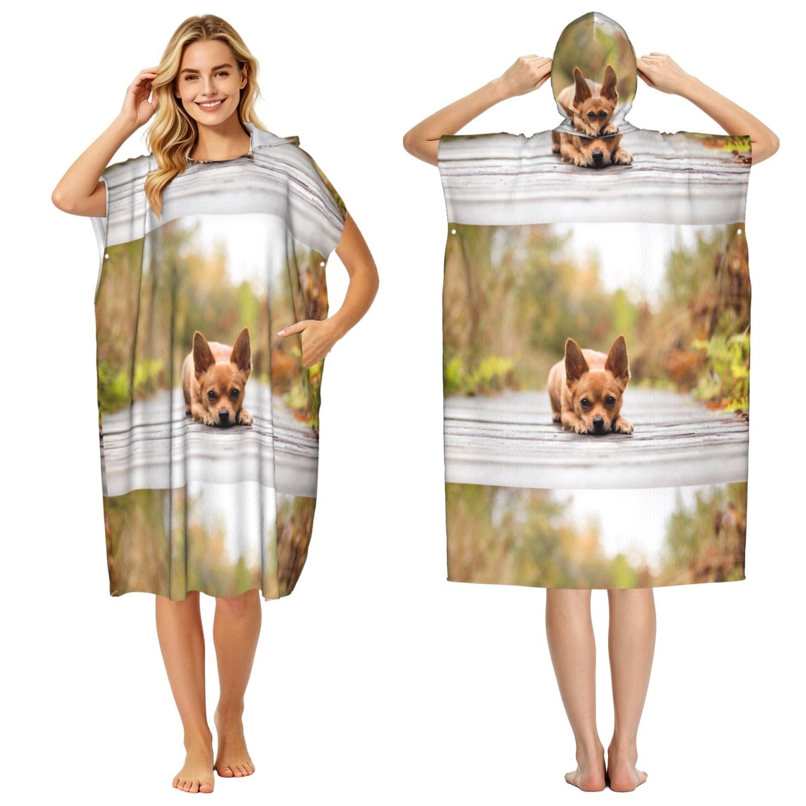 Poadnly Chihuahua Dog, Adult Hooded Beach Towel 90 x 110 cm,Changing Bath Robe, Surf Poncho Towel For Women Men