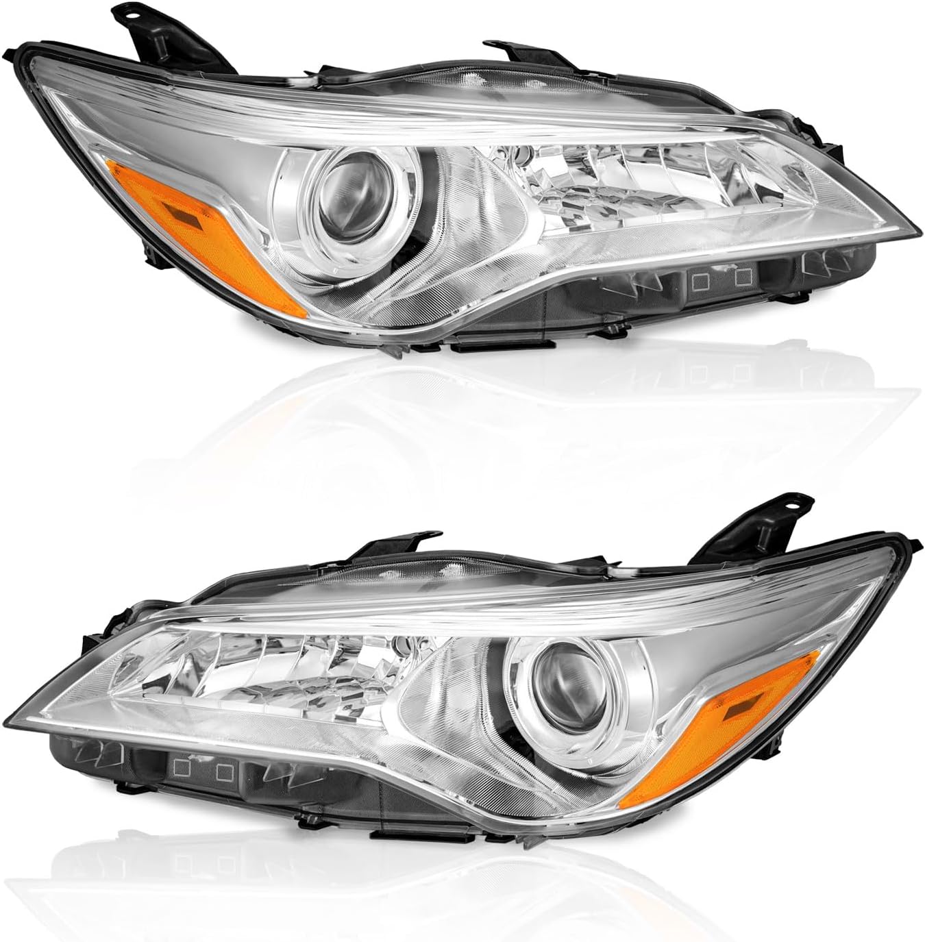 WEELMOTO Headlights for 2015-2017 Toyota Camry Models Only [4-Door Sedan], Factory Headlight Models Only Chrome Housing Amber Reflector Left+Right
