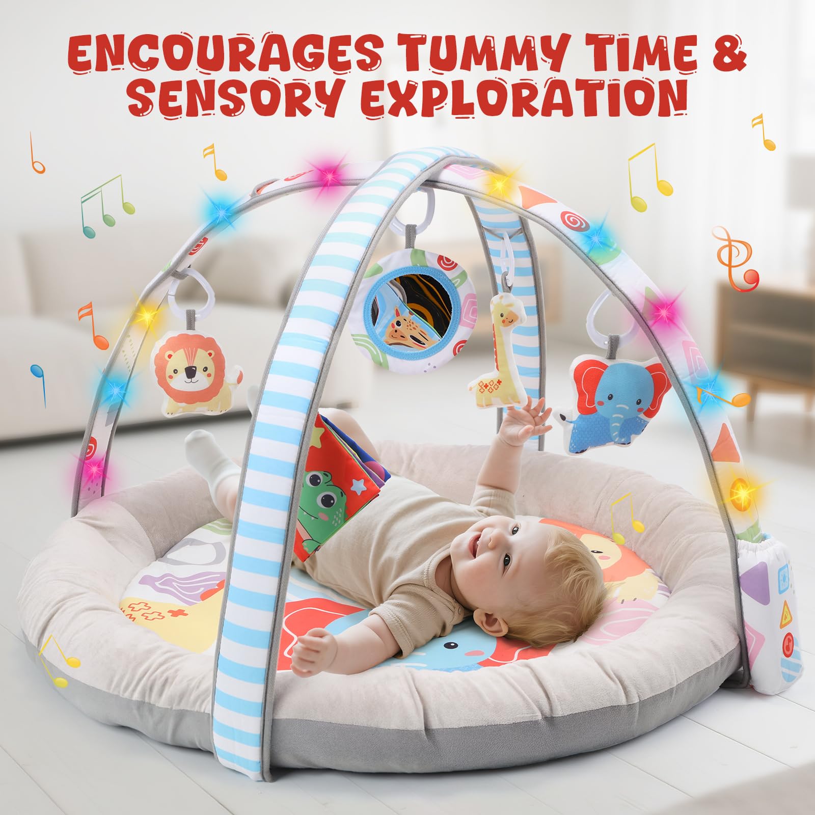 CUTE STONE Alfombra de juegos para bebés con luces, sonidos y juguetes desmontables – Alfombra de actividades para el desarrollo sensorial y motor – Volumen ajustable – Regalo ideal para recién nacido