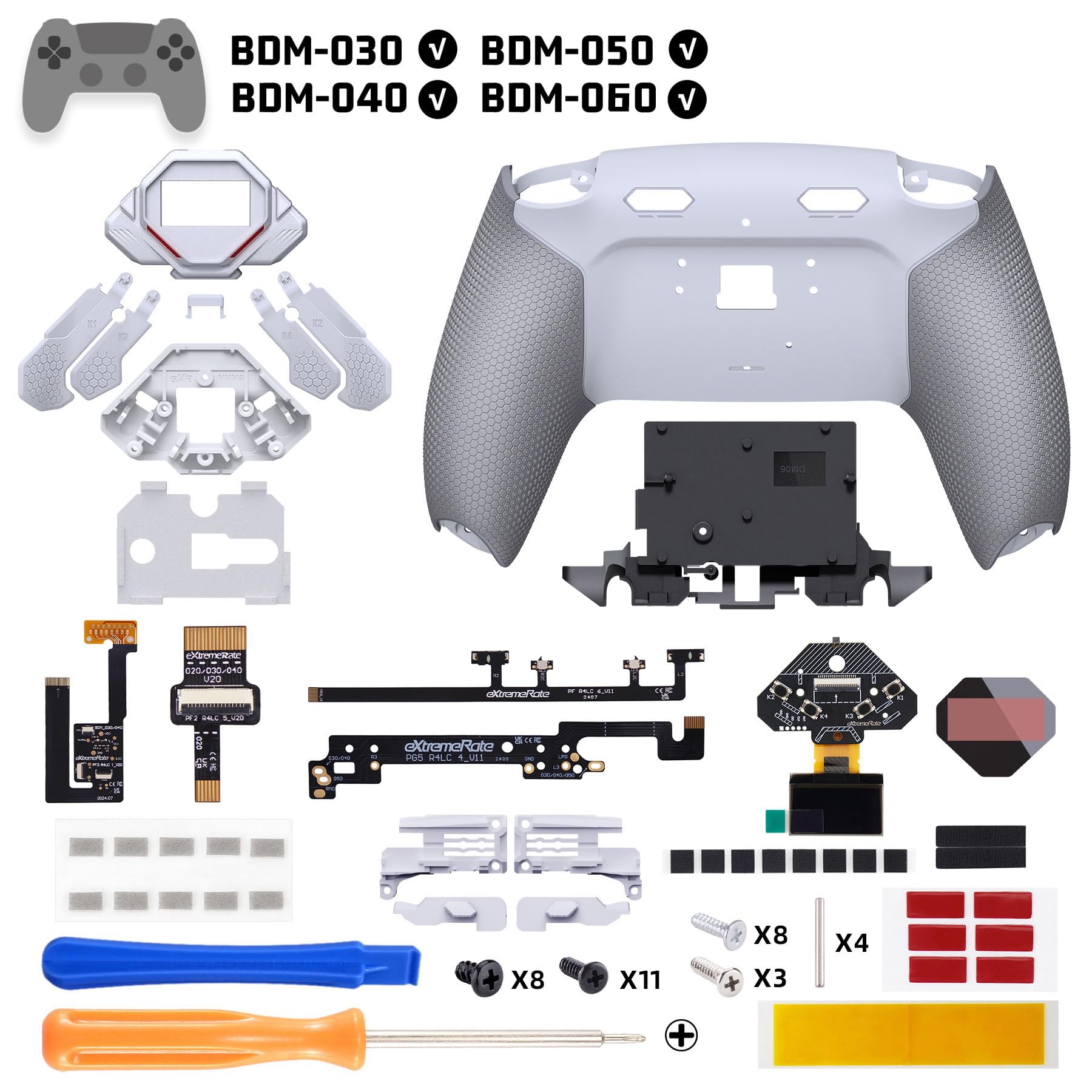 eXtremeRate SPARK Remap Kit per ps5 Controller BDM-030 040 050, Display OLED + Clicky Trigger Stop + Grip Ergonomici, 4 Palette Tasti Posteriori Rimappabili Accessori per ps5 Joystick, Grigio