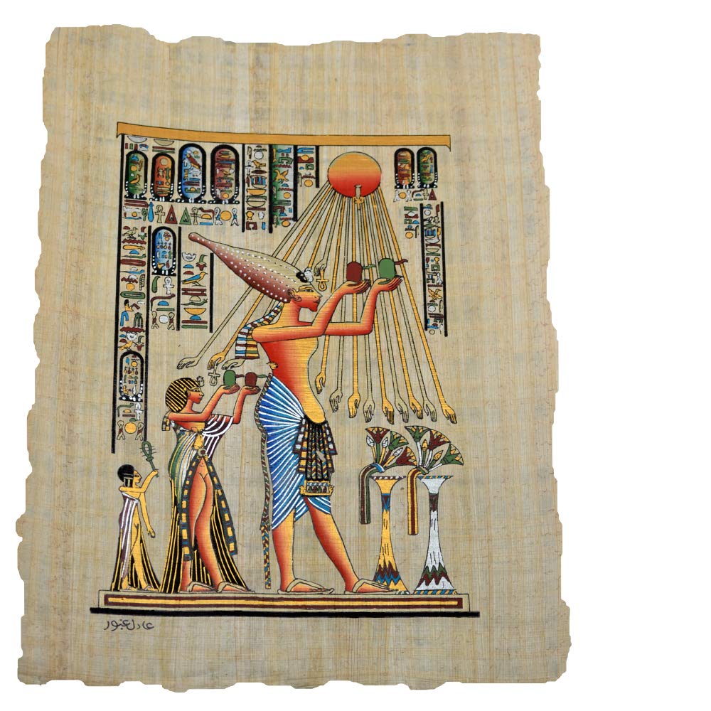 Horus Artesanía de Egipto Papillon Original fabriqué à la Main et Peint à la Main en Égypte, Akenaton ou Amenofis IV avec Nefertiti, Mesure 33 x 43 cm Environ. Réf.26V-F