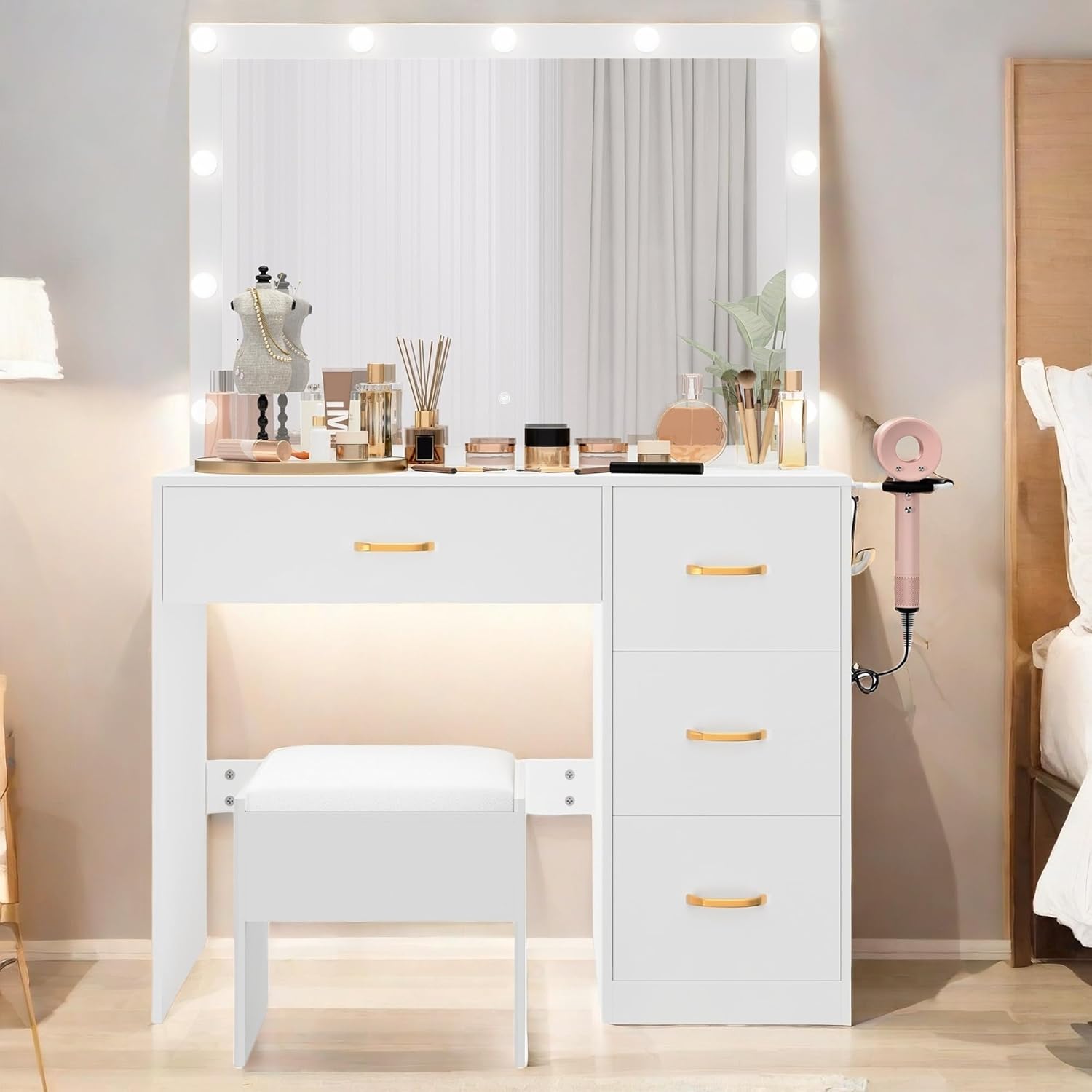 YITAHOME Vanity Desk with Large LED Mirror, 11 Light Bulbs