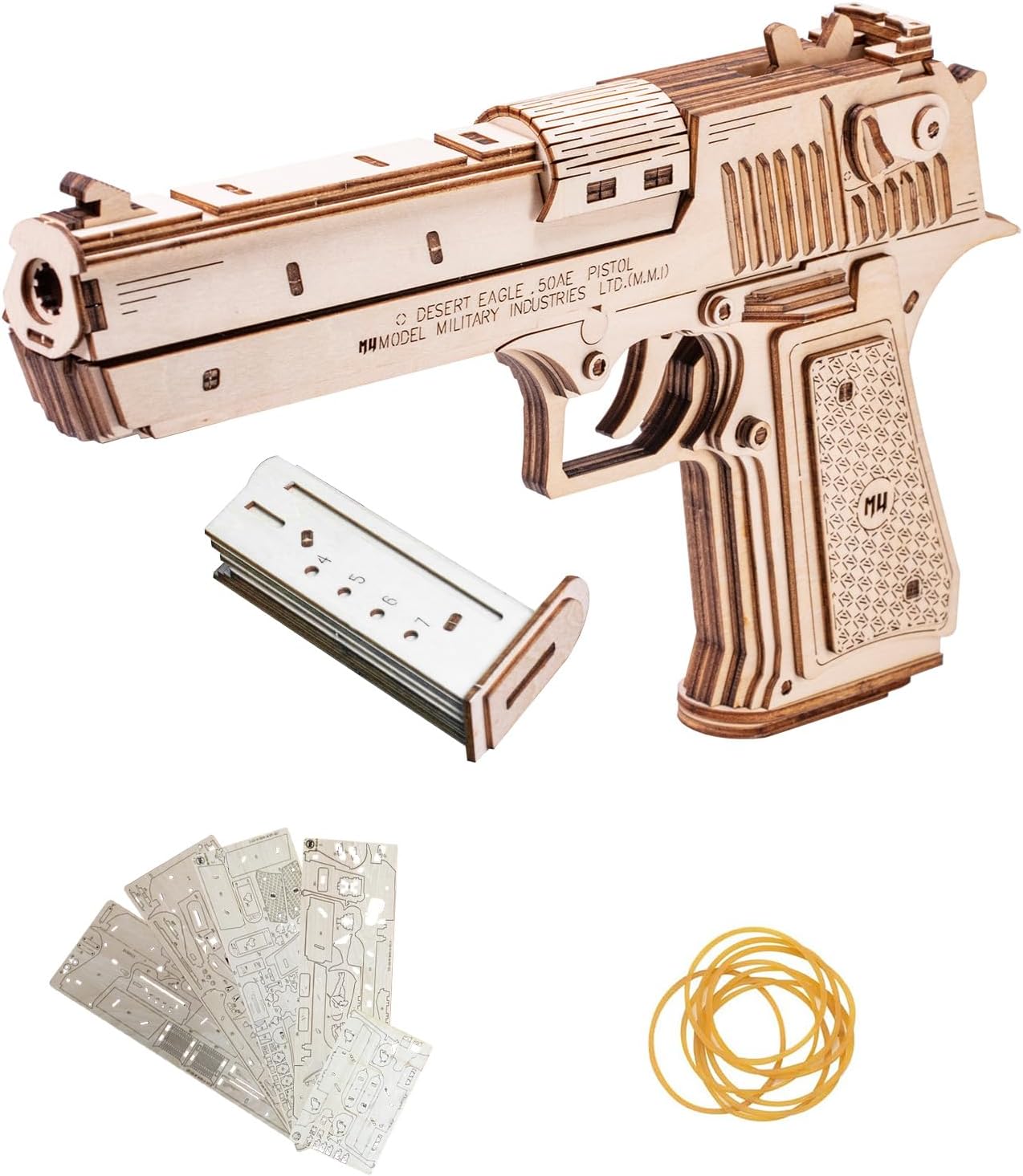 MU Wooden Puzzle for Adult Desert Eagle Defender Wood Gun Building, AK47 Revolver Rubber Band Pistol Toys 3D Metal Puzzles Model Kits, Hand Gun DIY Kits Xmas Birthday Gifts Desk Decor