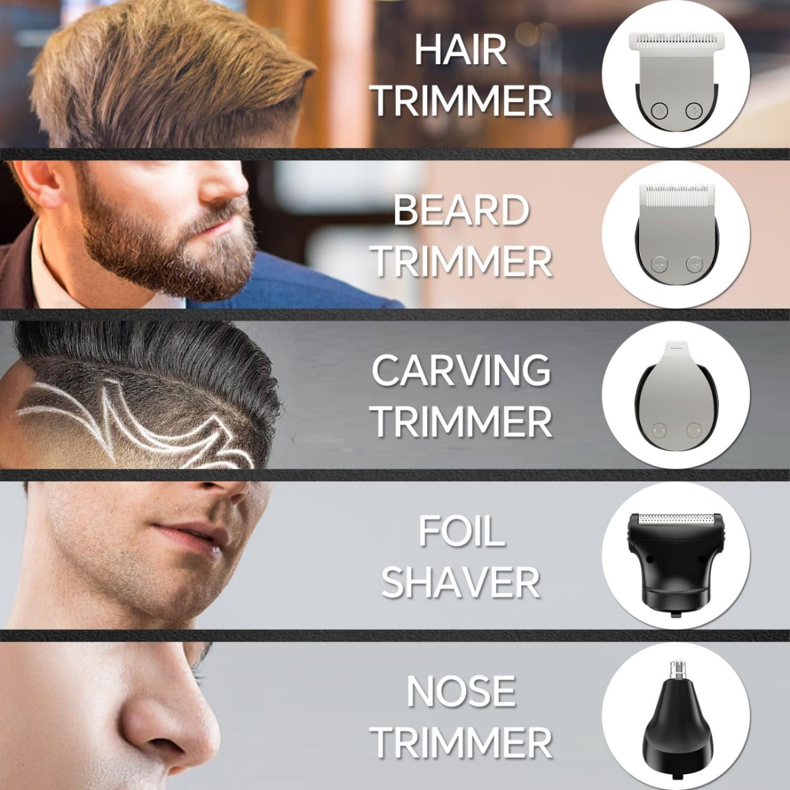 Recortadora de barba para hombres, maquinilla de afeitar eléctrica 5 en 1, cortadora de pelo inalámbrica, kit de aseo impermeable para afeitarse la cara, el bigote, el cuerpo, las orejas, la