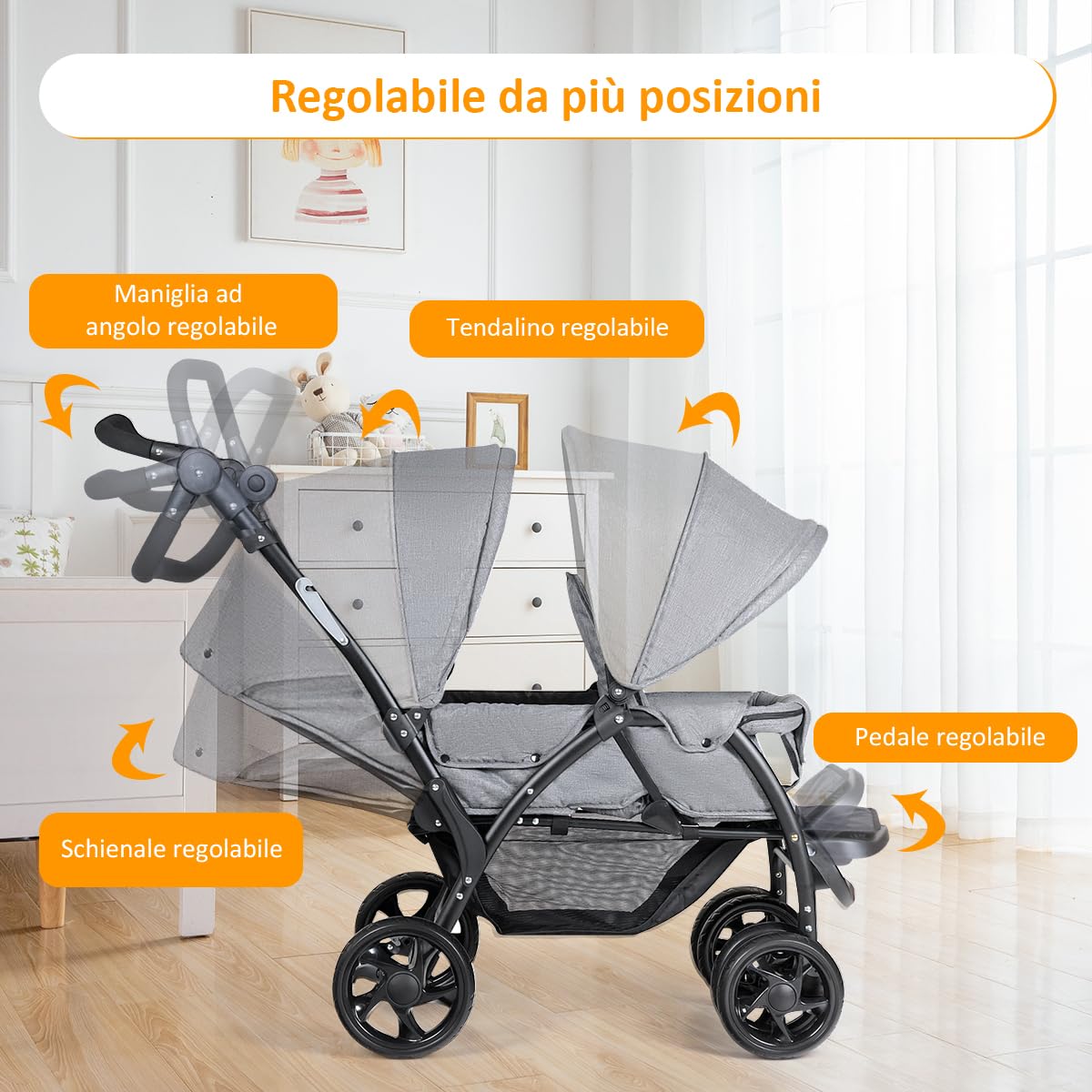 GYMAX Passeggino Gemellare Doppio/Fratelli di Età Diverse, Pieghevole Leggero, Tendalino/Schienale Regolabili, Portata di 15kg+15kg (Grigio, Verticale)