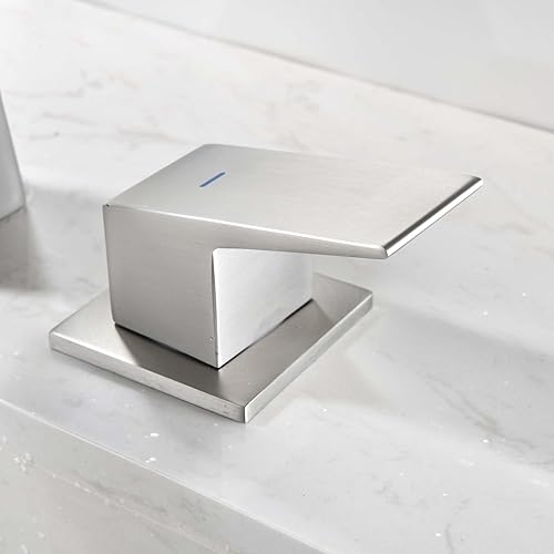 Miniatura 7 de Grifo de baño en cascada, acero inoxidable de 3 agujeros, montaje generalizado, níquel cepillado, 2 asas, drenaje desplegable y líneas de suministro