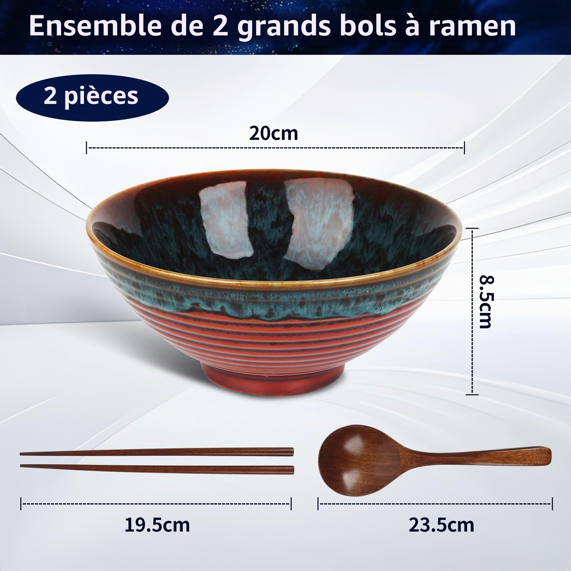 JIYANA 2 x 1200ml Bol Ramen Japonais en Céramique avec Baguettes et Cuillères, Grand Bol à Ramen 20cm, Ramen Bowl Set, Bols Ramen, Bol Japonais, Bol Ramen Avec Couvercle pour Ramen et Nouilles