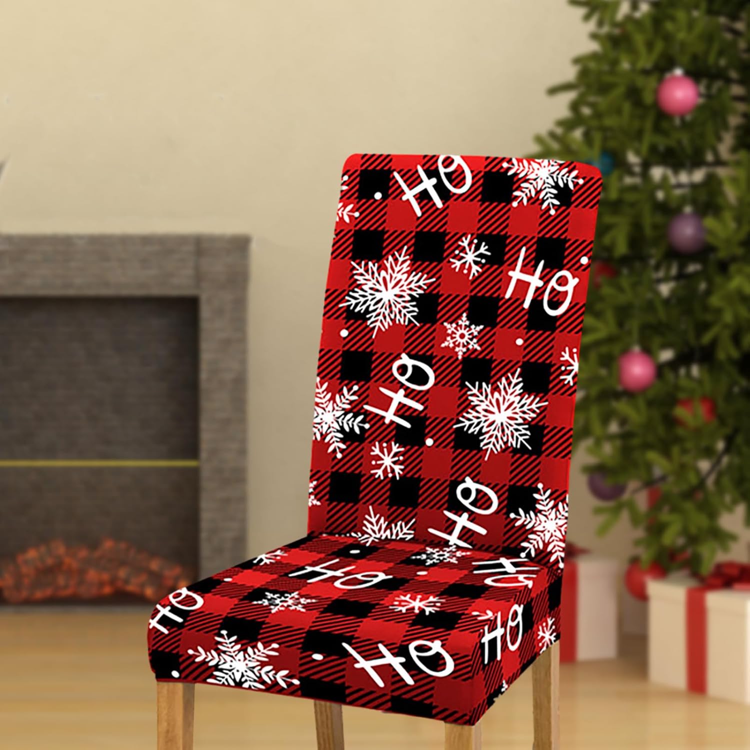 4/6 Pack Christmas Chair Covers Set Red and Black Buffalo Plaid Chair Protector Slipcovers Xmas Snowflake Dining Chair Seat Covers for Kitchen Restaurant Holiday Party Decor(6 Pcs)