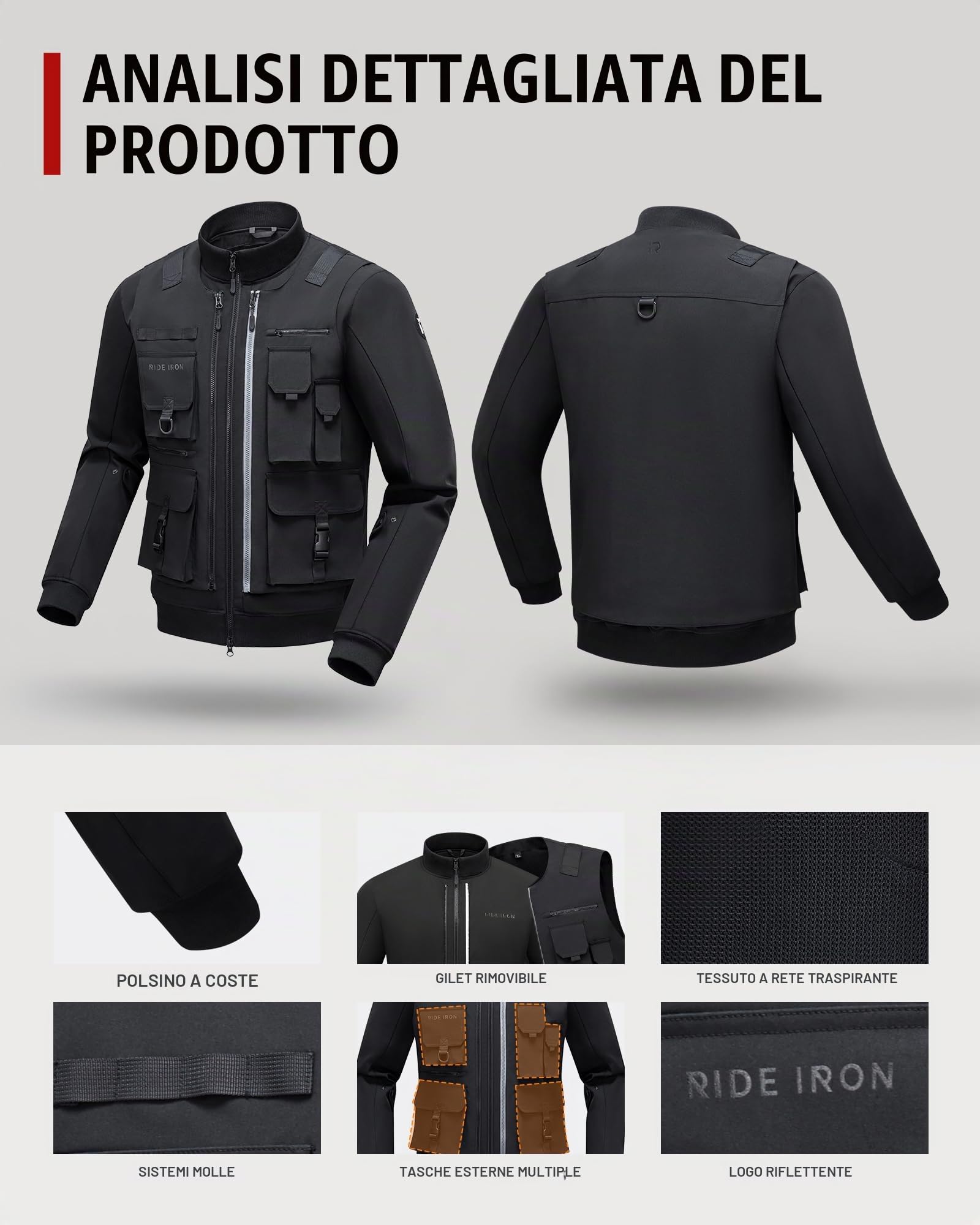 RIDEIRON Giacca da Moto Uomo Invernale Tutte le Stagionicon con Spalline e Gomitiere CE Armatura Moto Protezione Antivento Nero