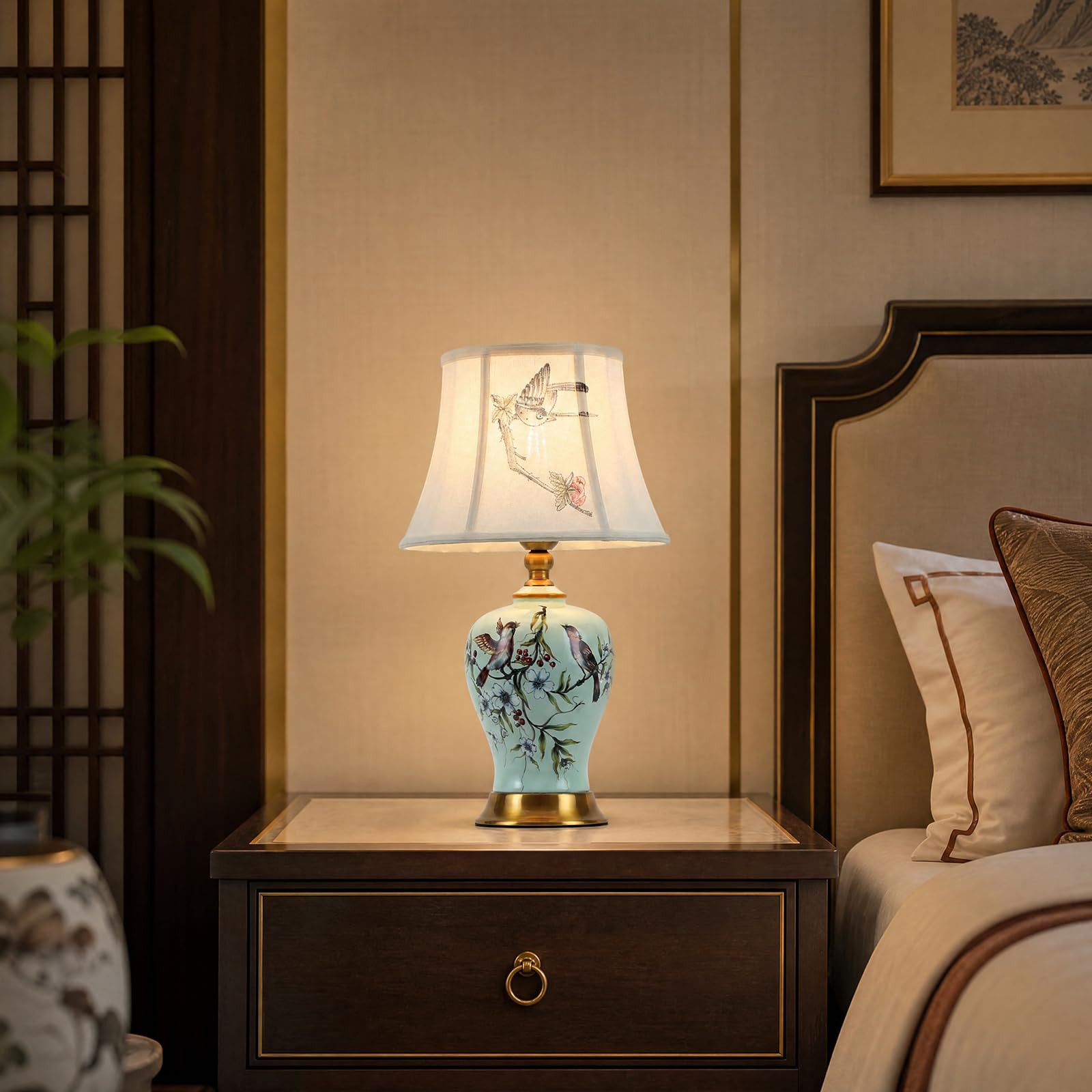 Tischlampe Retro Keramik, Stoff-Nachttischlampe, Vintage-Leselampe für das Schlafzimmer, weißer Lampenschirm, Schreibtischlampe im modernen Stil, E27-Nachttischlampe für Hotel,Wohnzimmer(H 52CM)