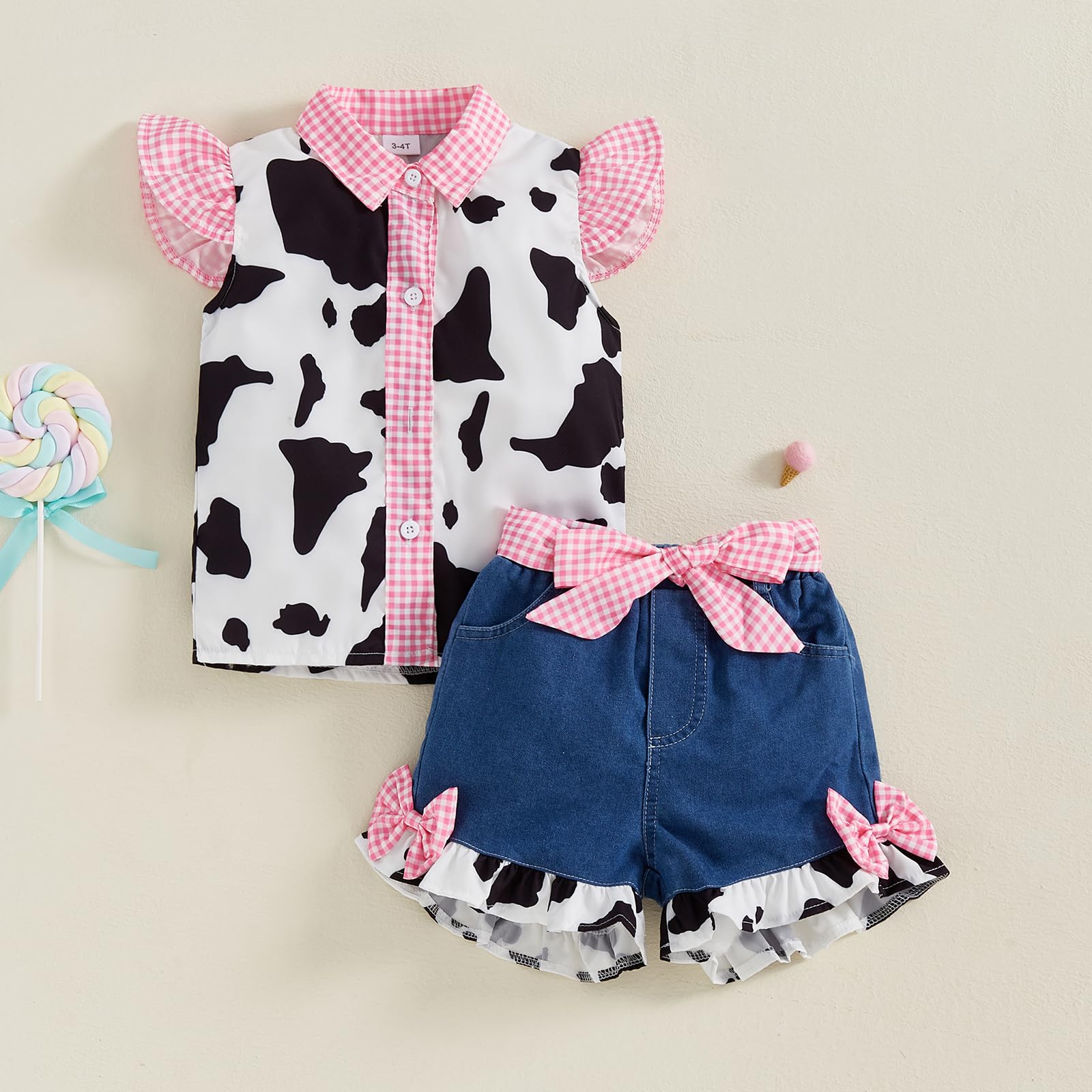 Emmababy Western Baby Girl Denim Outfit Cow Print Ruffle Sleeve Tops Plaid Print Button Shirt Toddler Belted Jeans Shorts Set (Pink, 2-3T)
