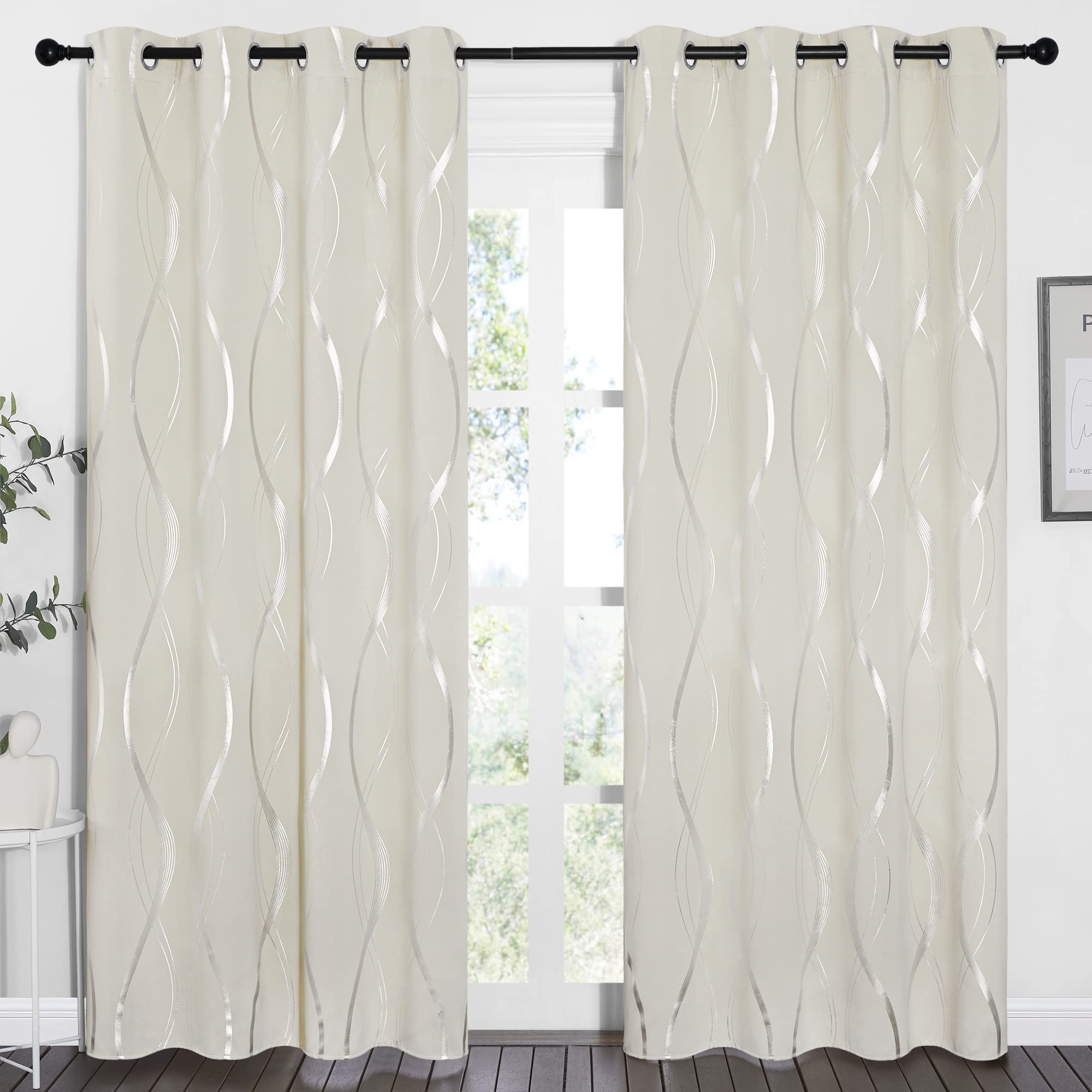 PONY DANCE Cortinas Opacas Termicas Aislantes Frio y Calor Cortinas Salon Estampadas Cortina Ventana Cortinas Dormitorio Matrimonio 2 Piezas Cortinas para Hogar con Ojales, 140x245cm, Beige Claro