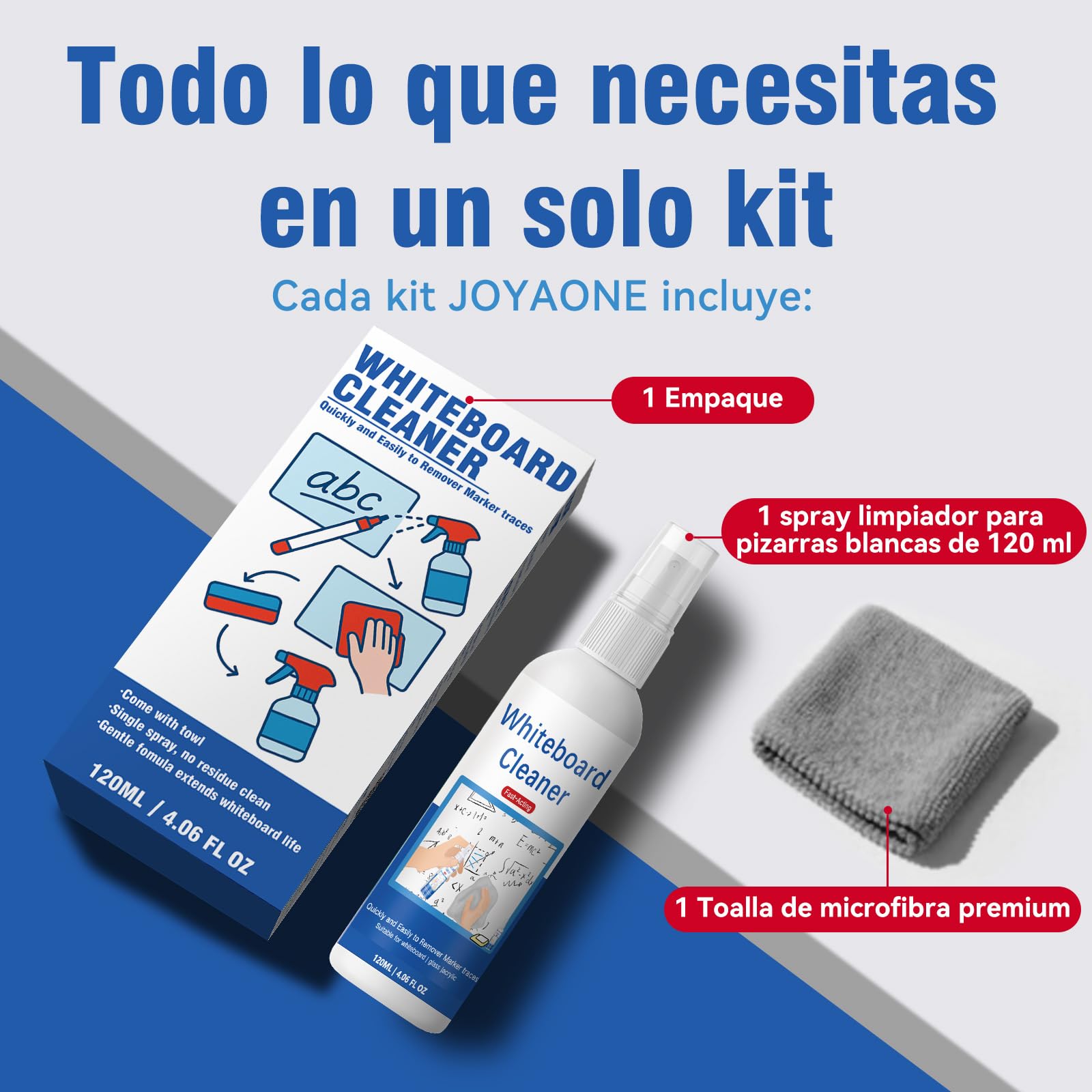 Limpiador de Pizarra Blanca en Spray (120 ml) con Toalla, Elimina Marcas y Residuos de Rotulador, Ideal para Escuelas, Oficinas y Aulas, Accesorio Esencial para Pizarras Blancas